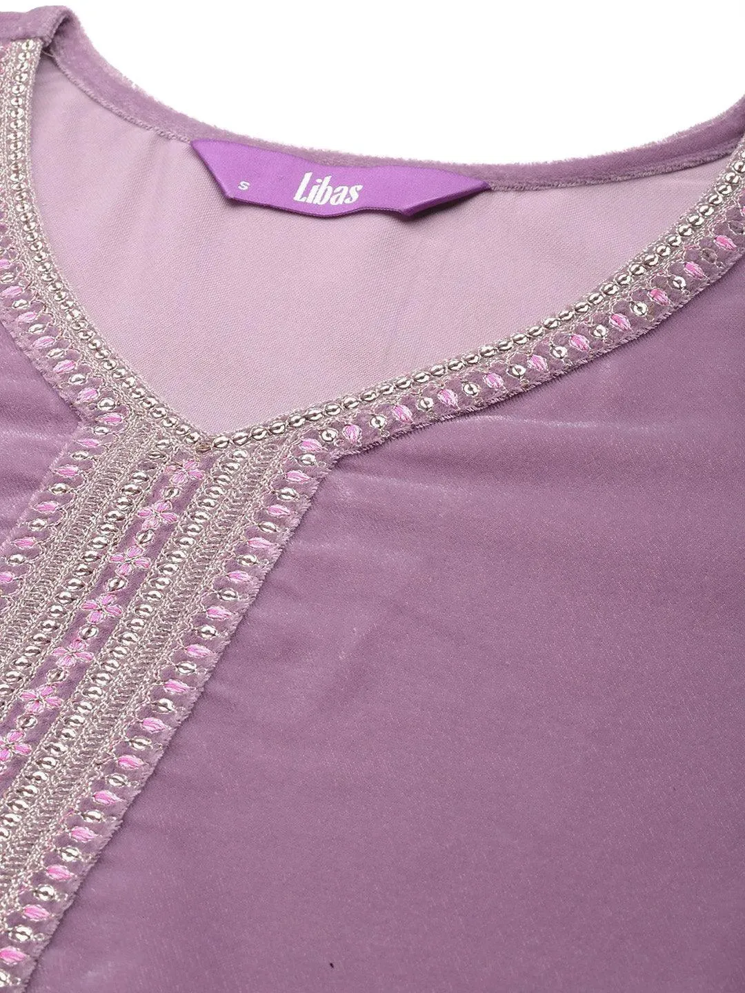 Mauve Yoke Design Velvet Straight Suit With Dupatta