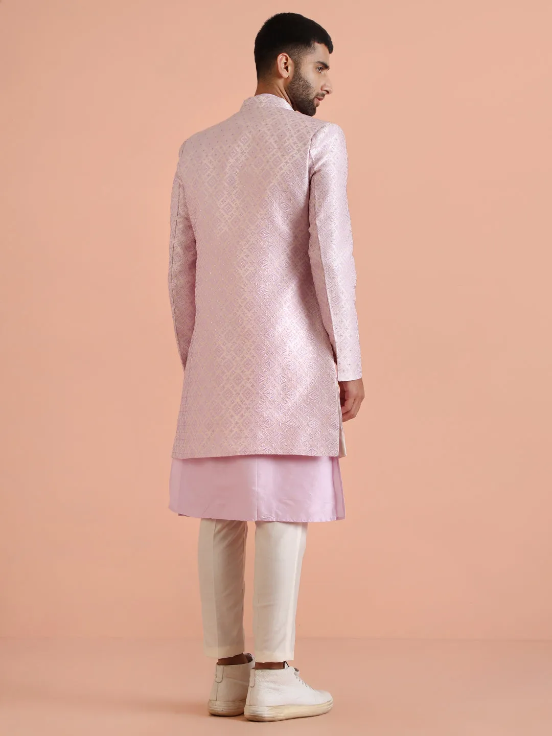 Men Lilac Textured Kurta Indowestern Trouser Set