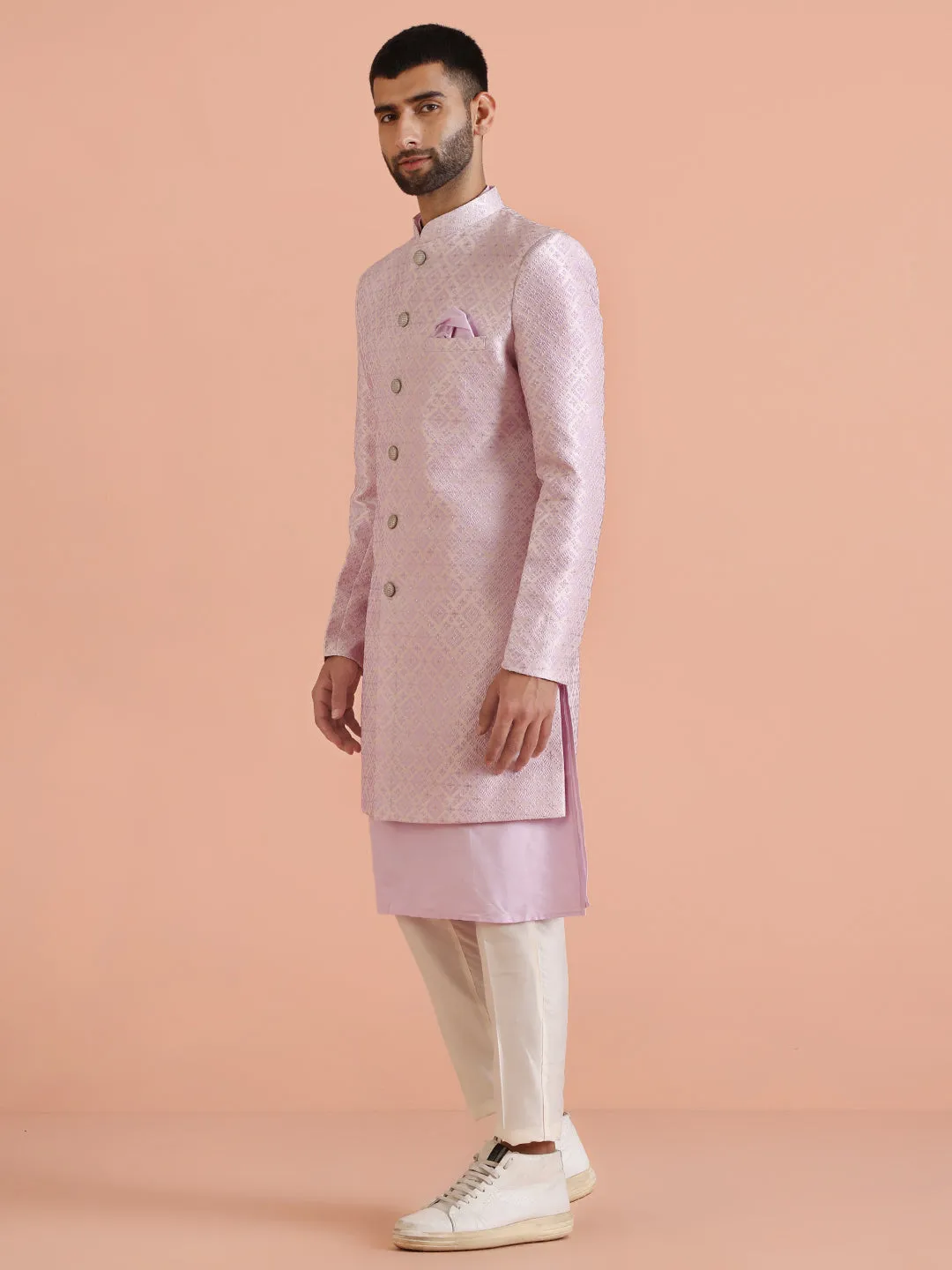 Men Lilac Textured Kurta Indowestern Trouser Set