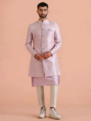 Men Lilac Textured Kurta Indowestern Trouser Set