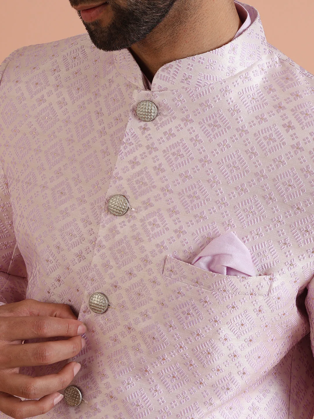 Men Lilac Textured Kurta Indowestern Trouser Set