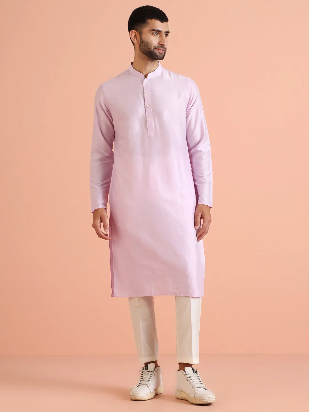 Men Lilac Textured Kurta Indowestern Trouser Set