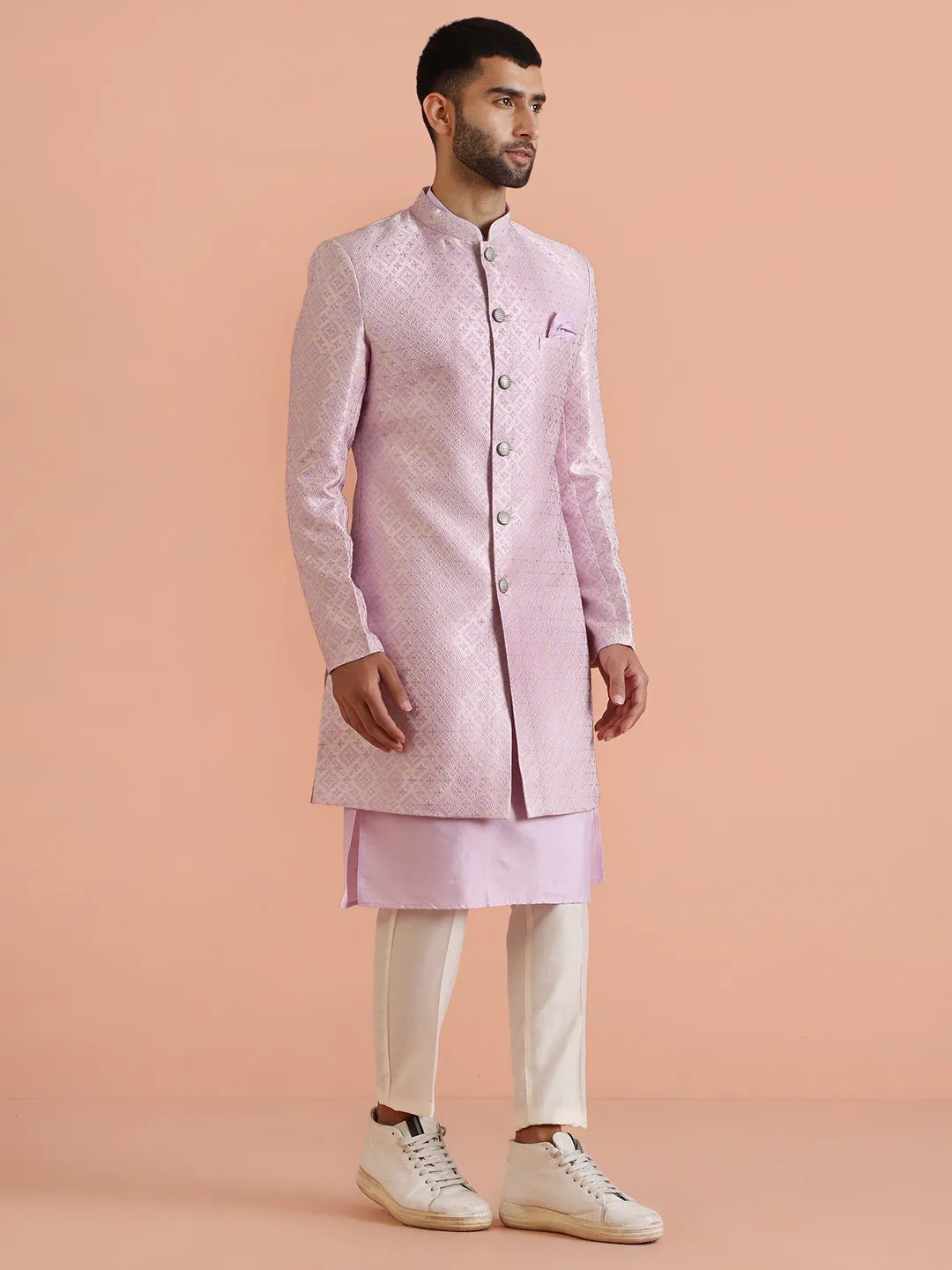 Men Lilac Textured Kurta Indowestern Trouser Set