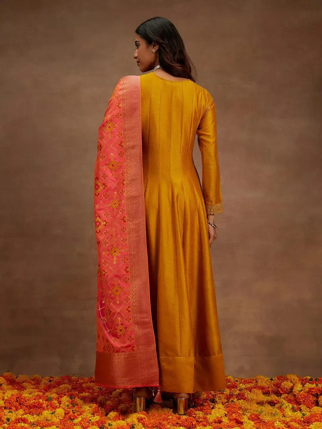 Mustard Yoke Design Silk Blend Anarkali Suit With Dupatta