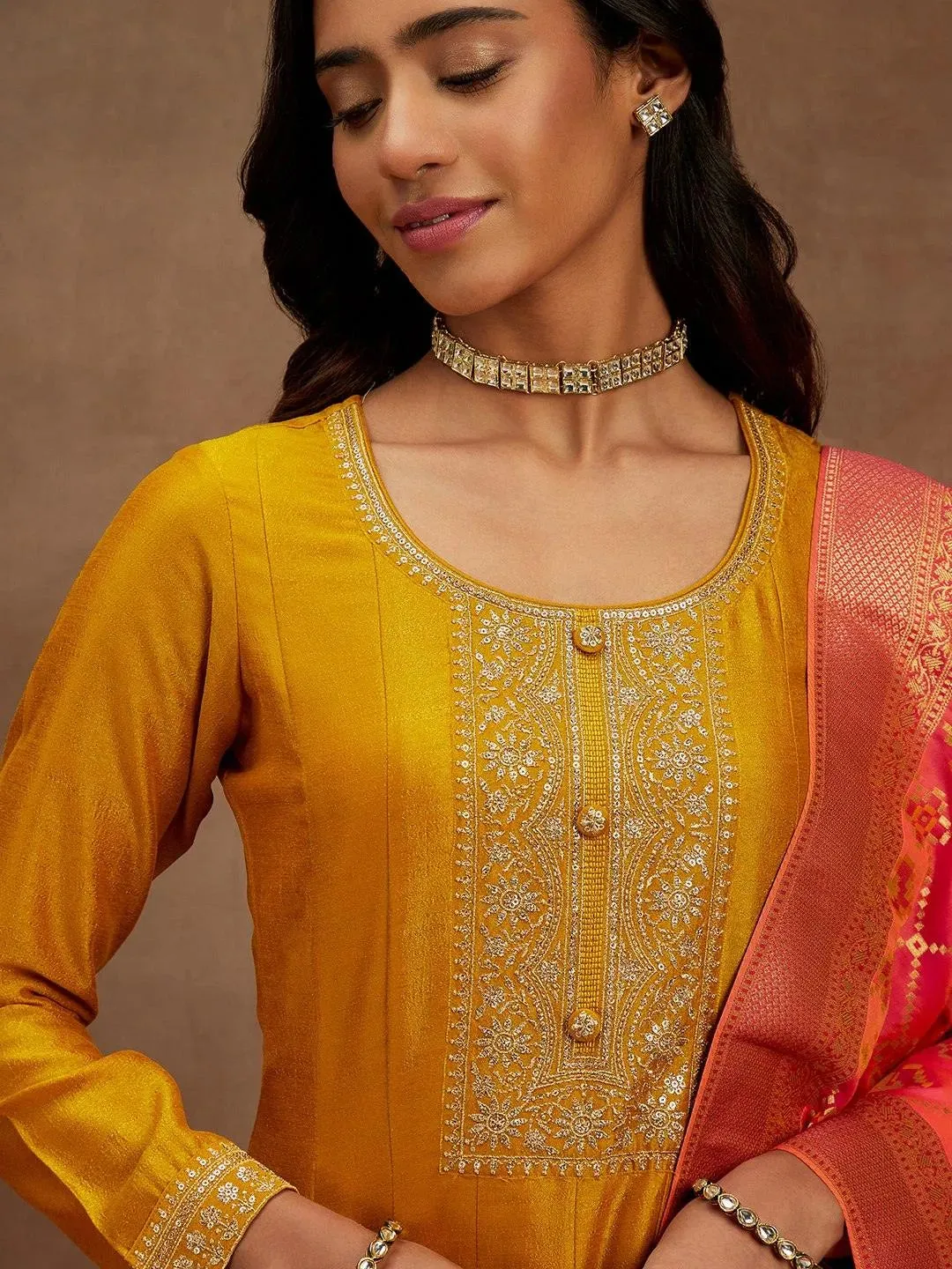 Mustard Yoke Design Silk Blend Anarkali Suit With Dupatta