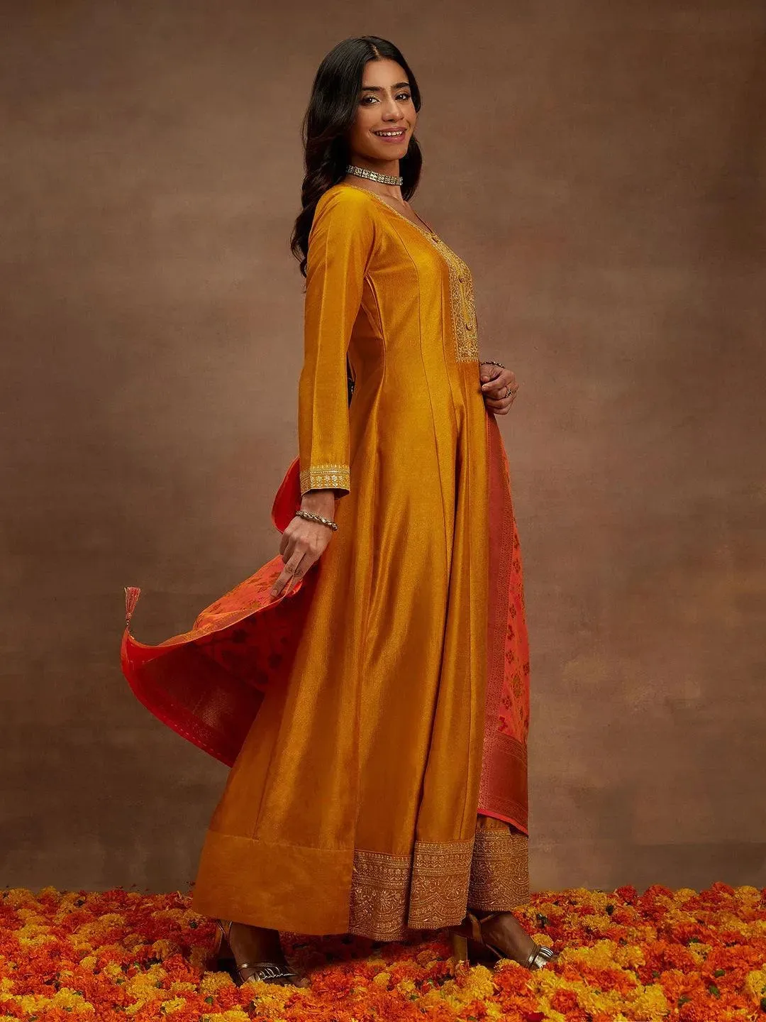 Mustard Yoke Design Silk Blend Anarkali Suit With Dupatta