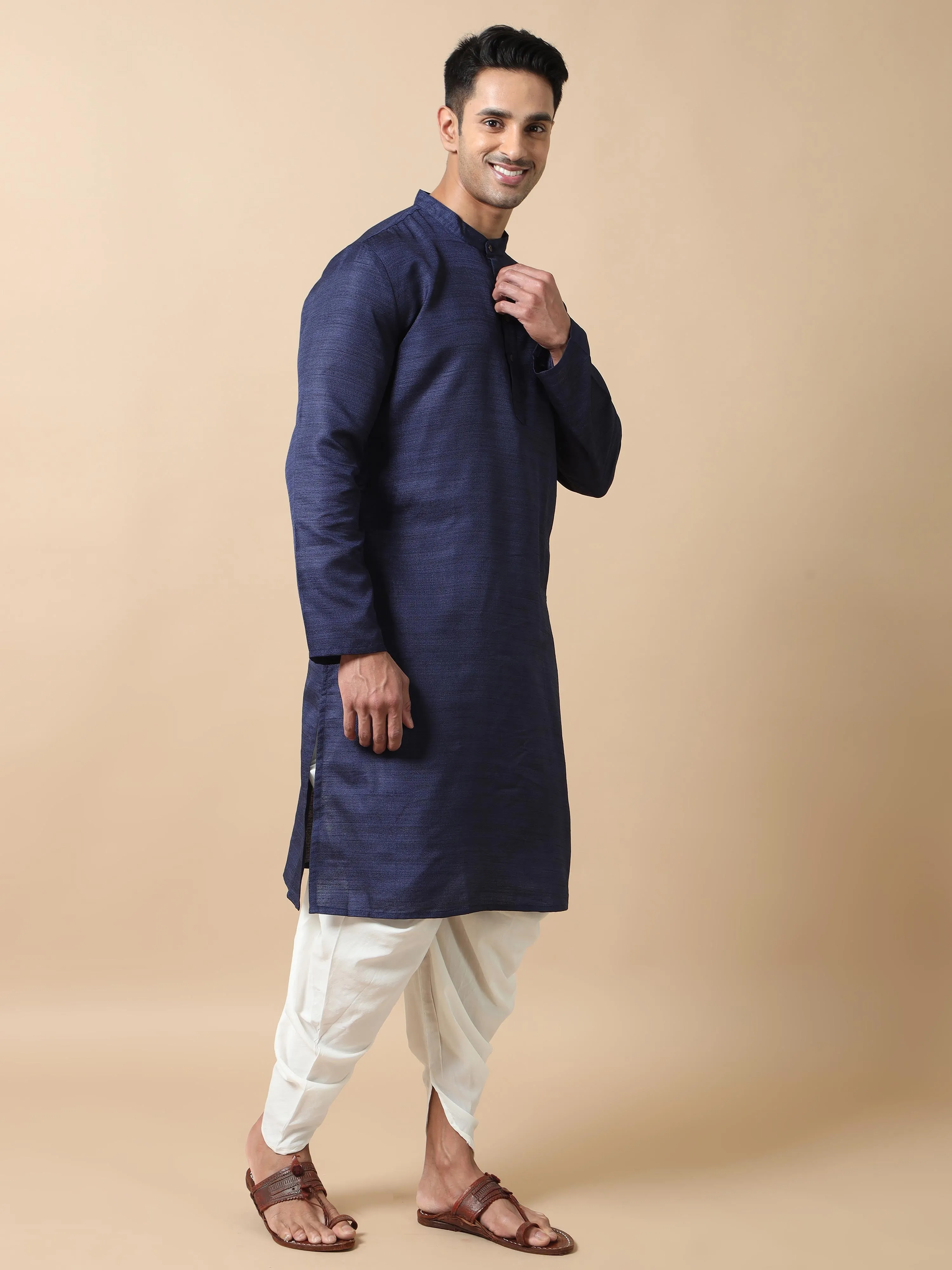 Navy Blue Self Textured Long Kurta