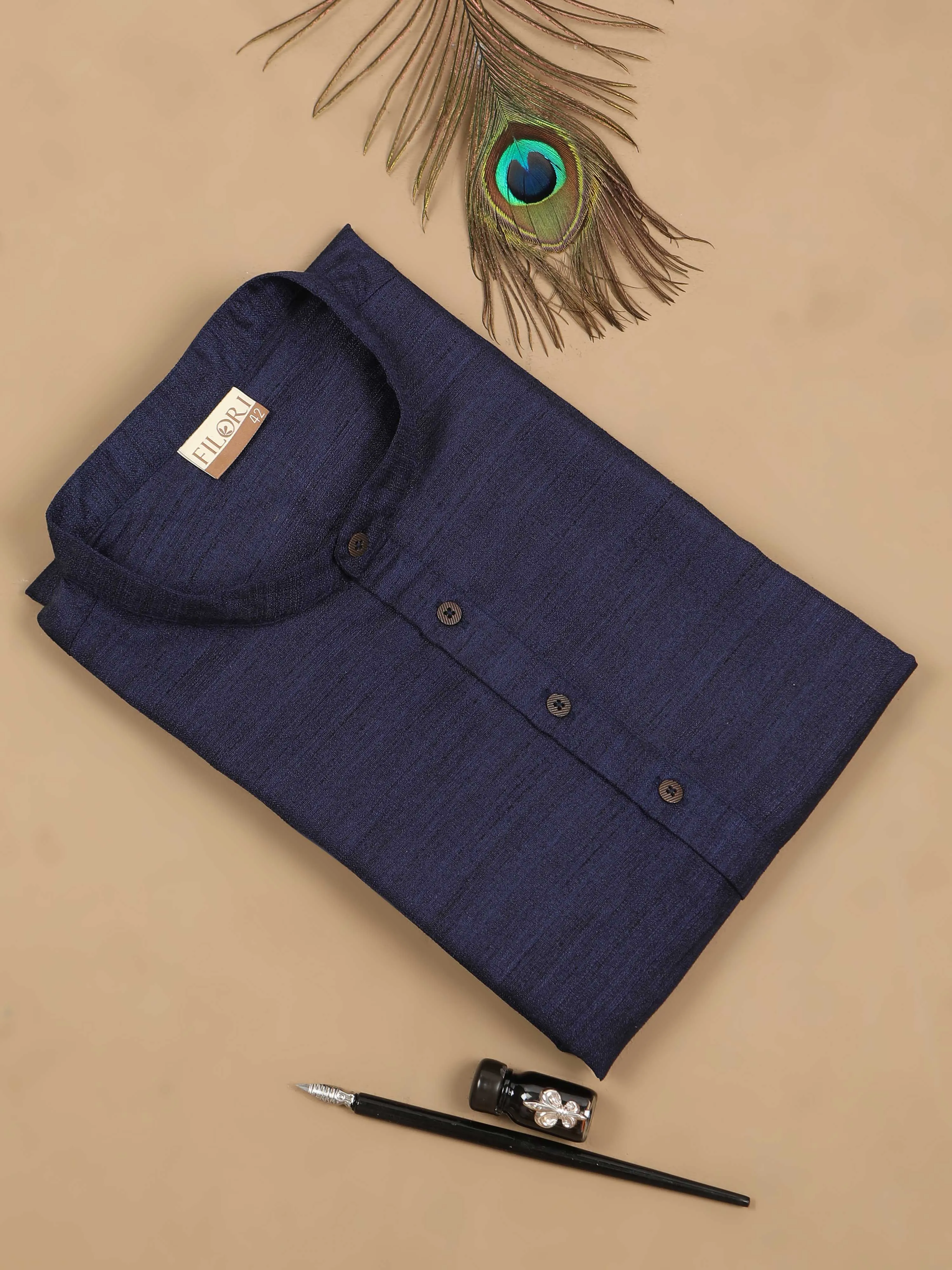 Navy Blue Self Textured Long Kurta