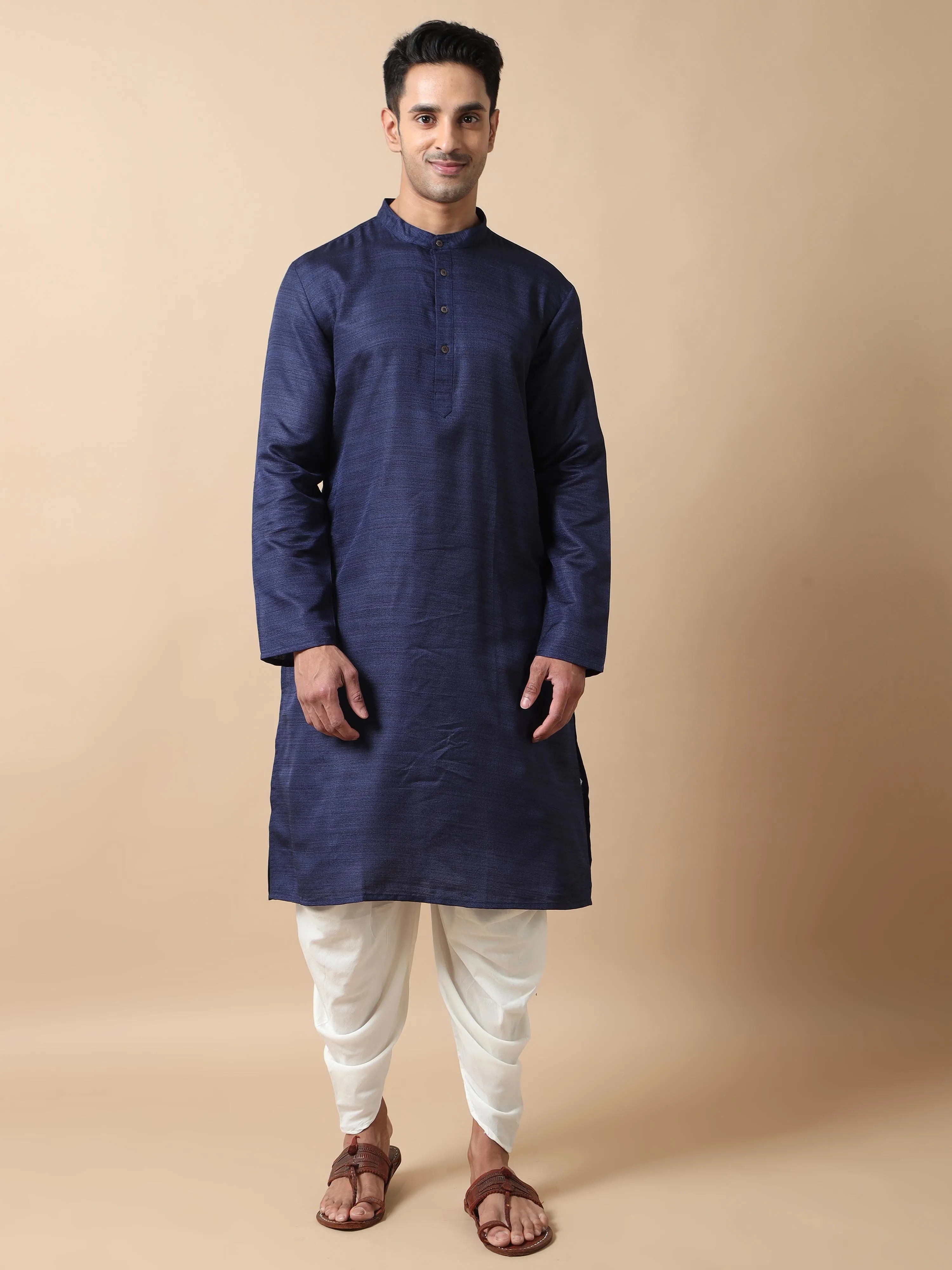 Navy Blue Self Textured Long Kurta
