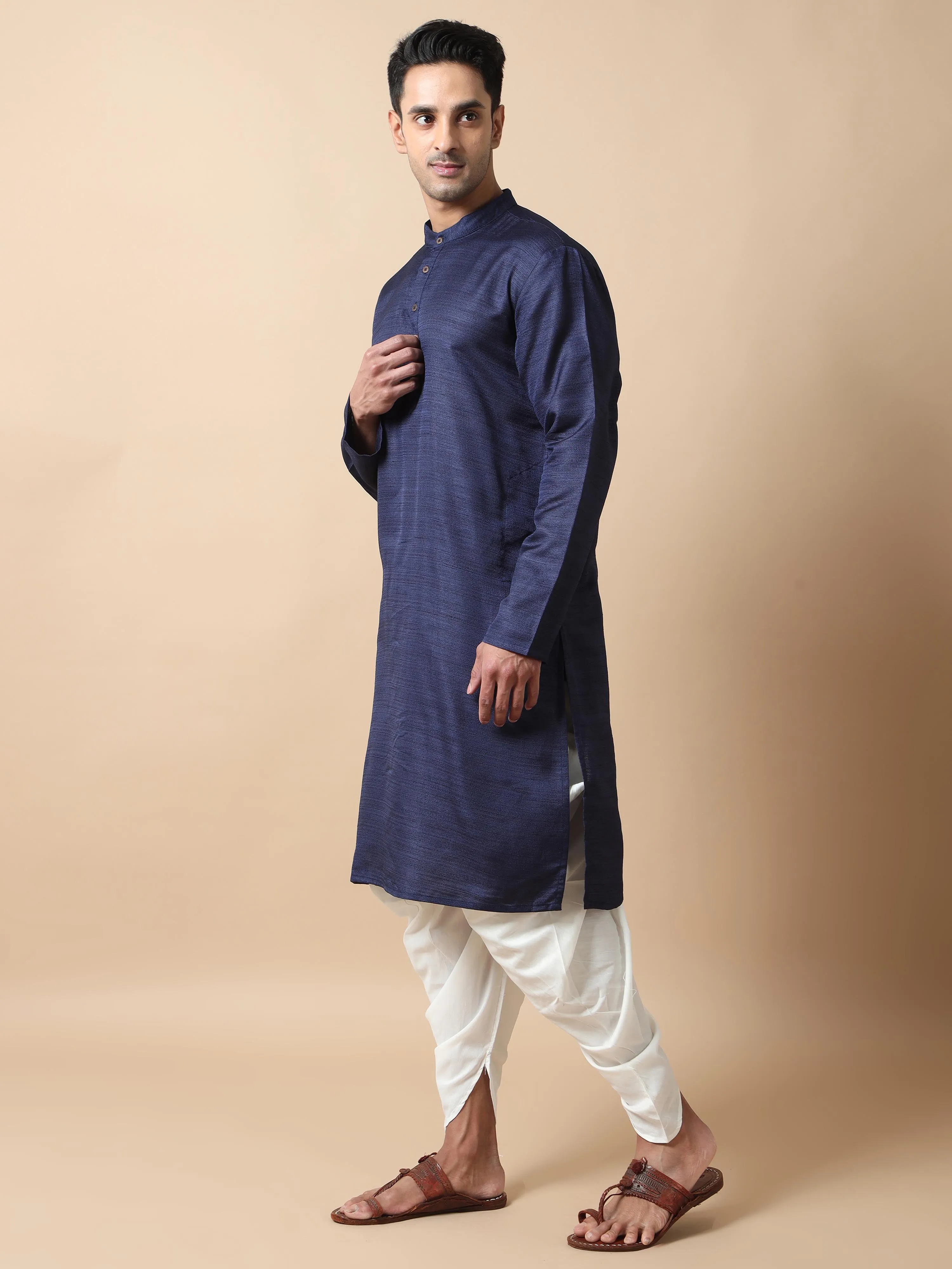 Navy Blue Self Textured Long Kurta