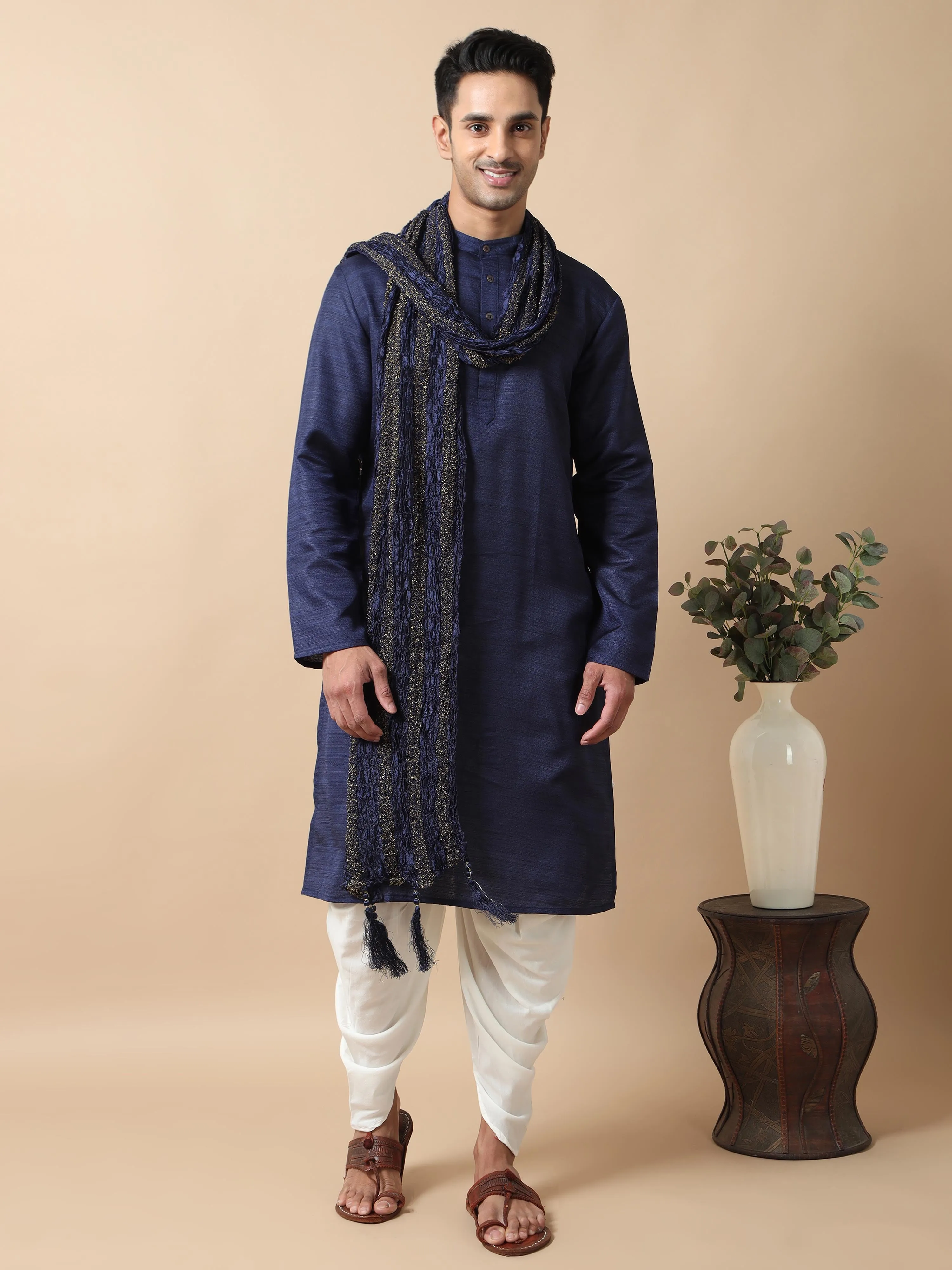 Navy Blue Self Textured Long Kurta