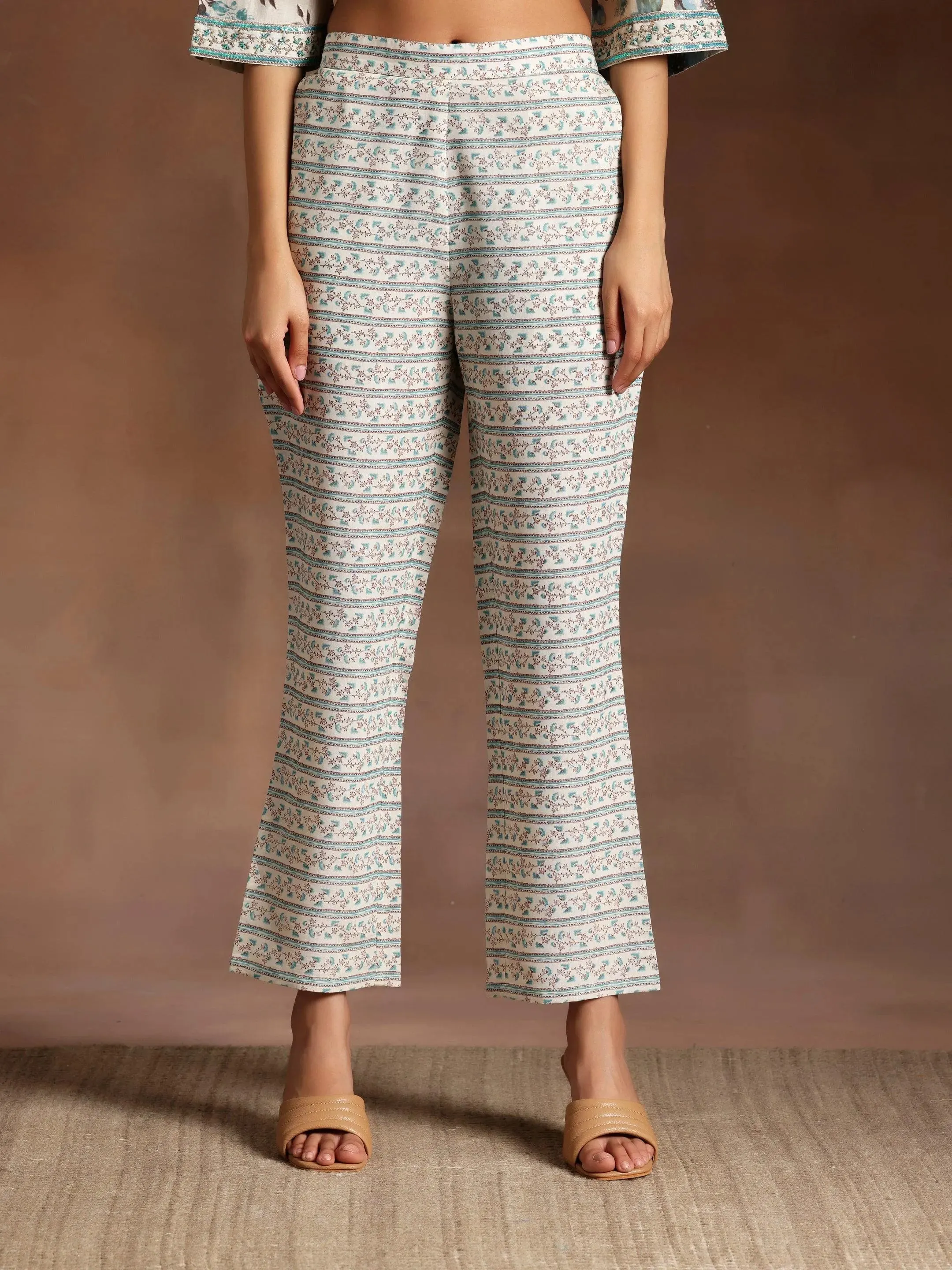 Off white Printed Silk Blend A-Line Kurta With Palazzos & Dupatta