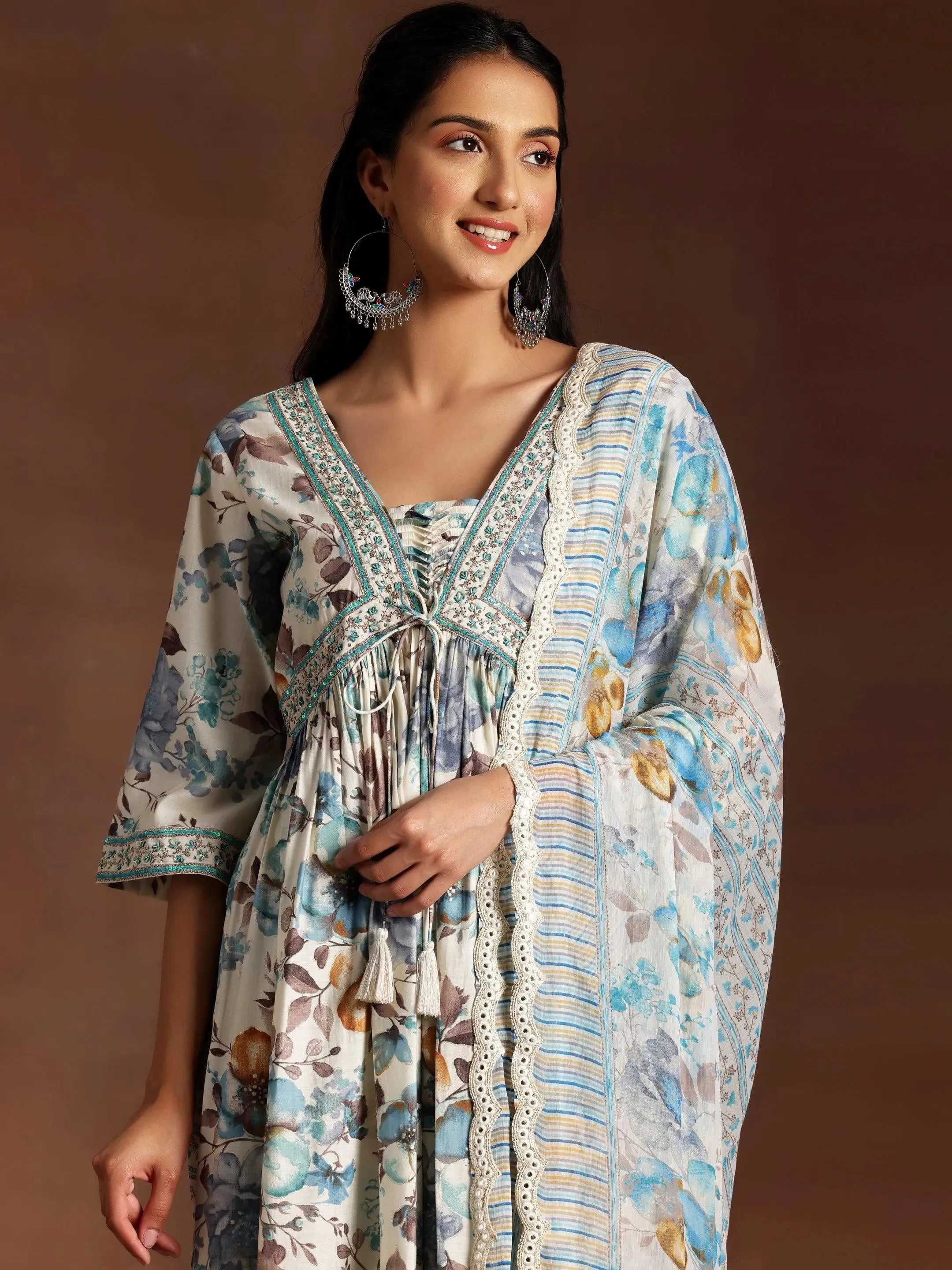 Off white Printed Silk Blend A-Line Kurta With Palazzos & Dupatta