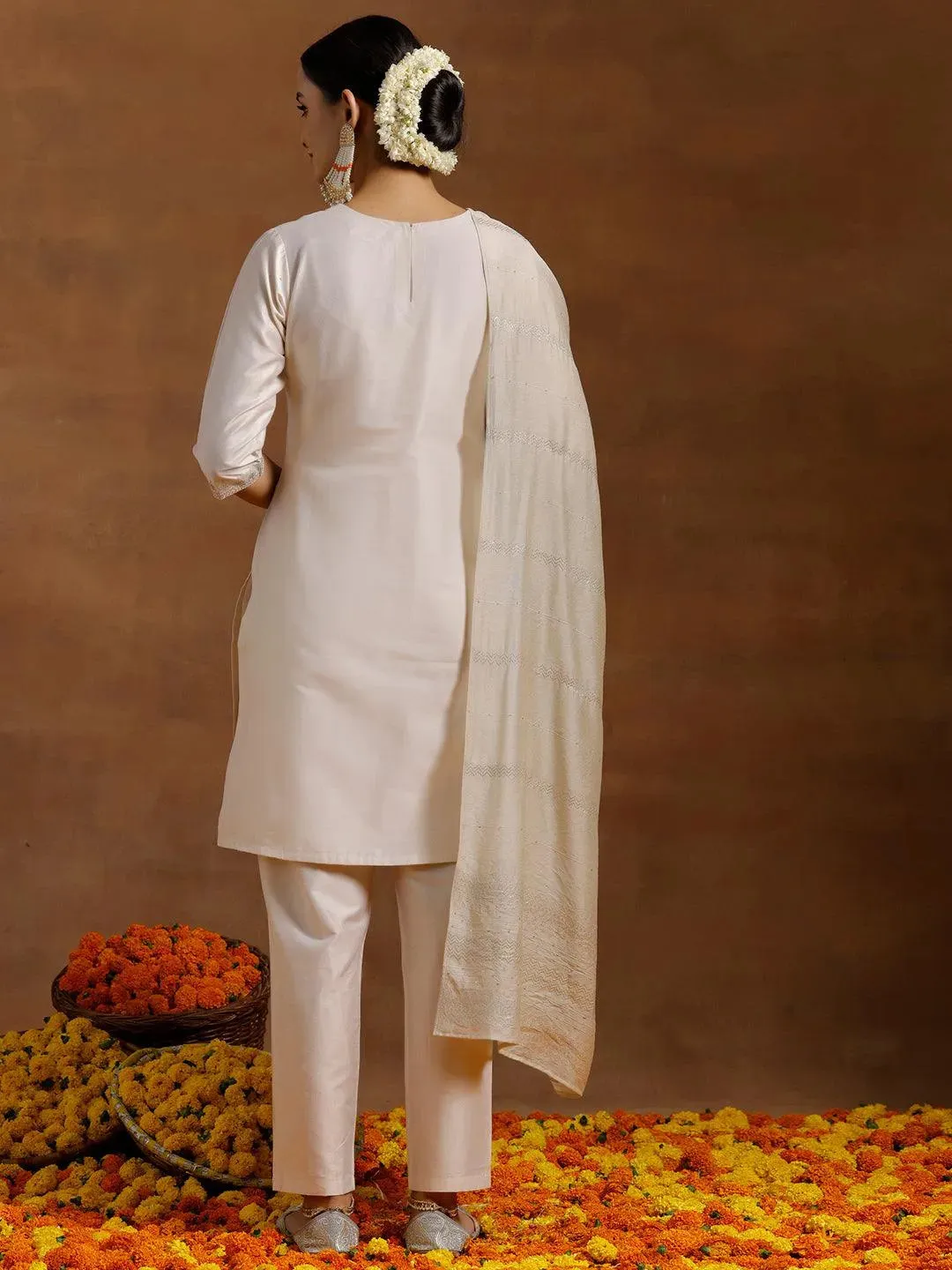 Off White Yoke Design Silk Blend Straight Suit With Dupatta