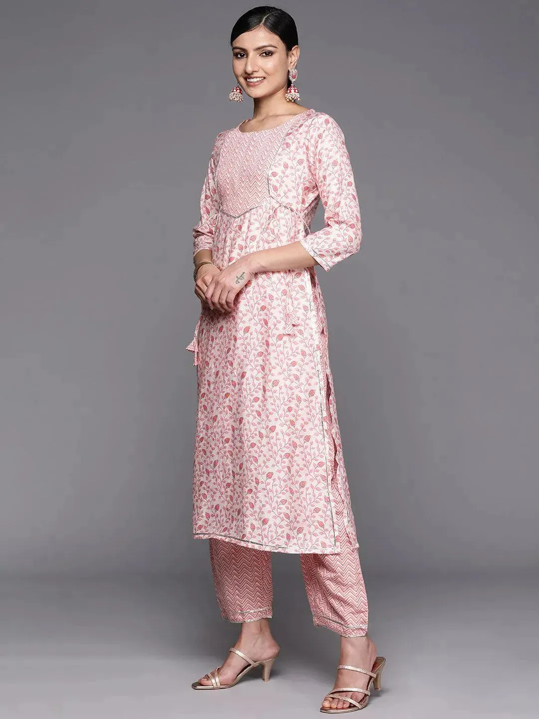 Peach Printed Silk Blend Straight Kurta With Trousers