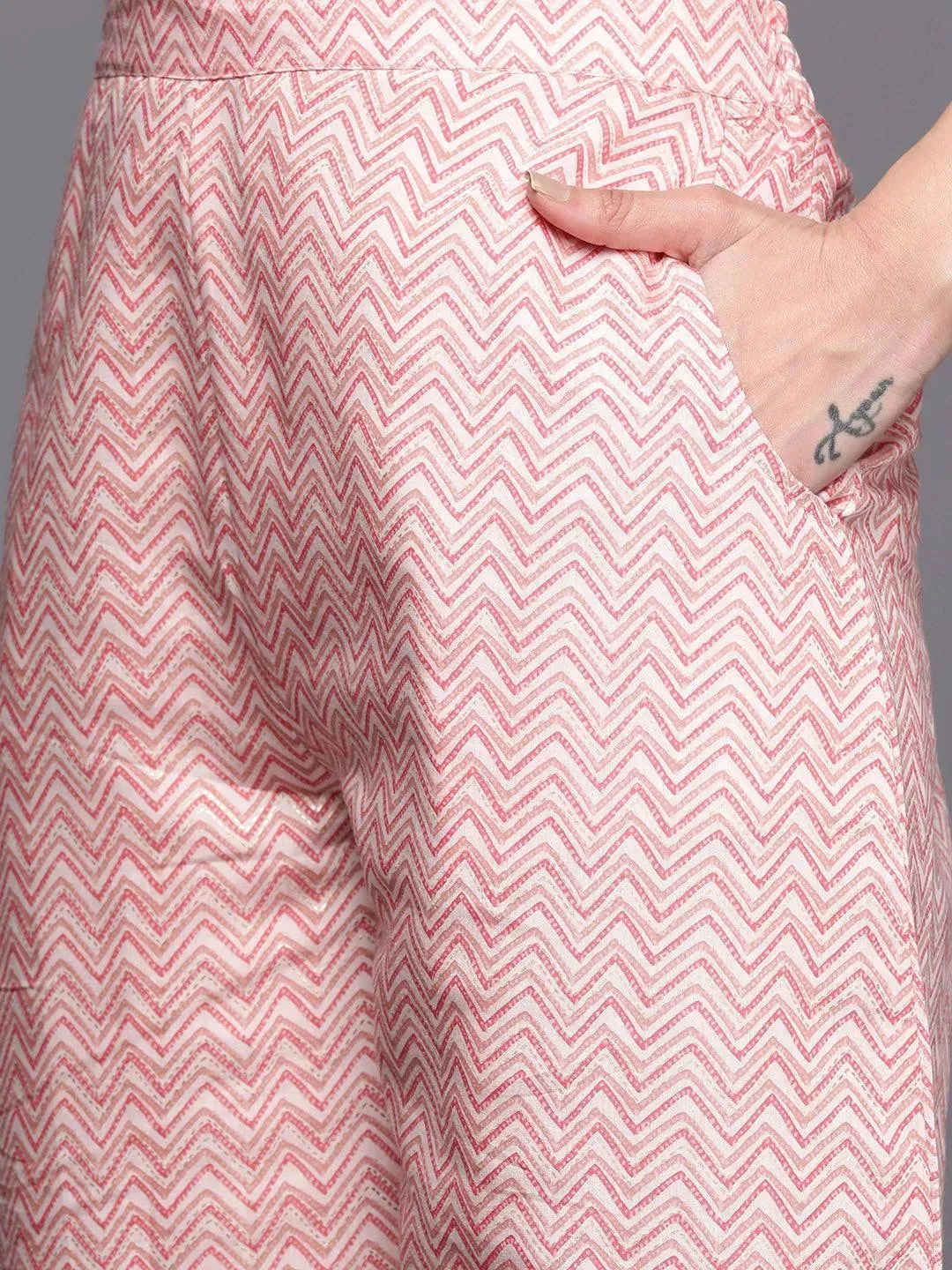 Peach Printed Silk Blend Straight Kurta With Trousers