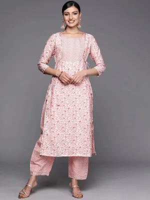Peach Printed Silk Blend Straight Kurta With Trousers