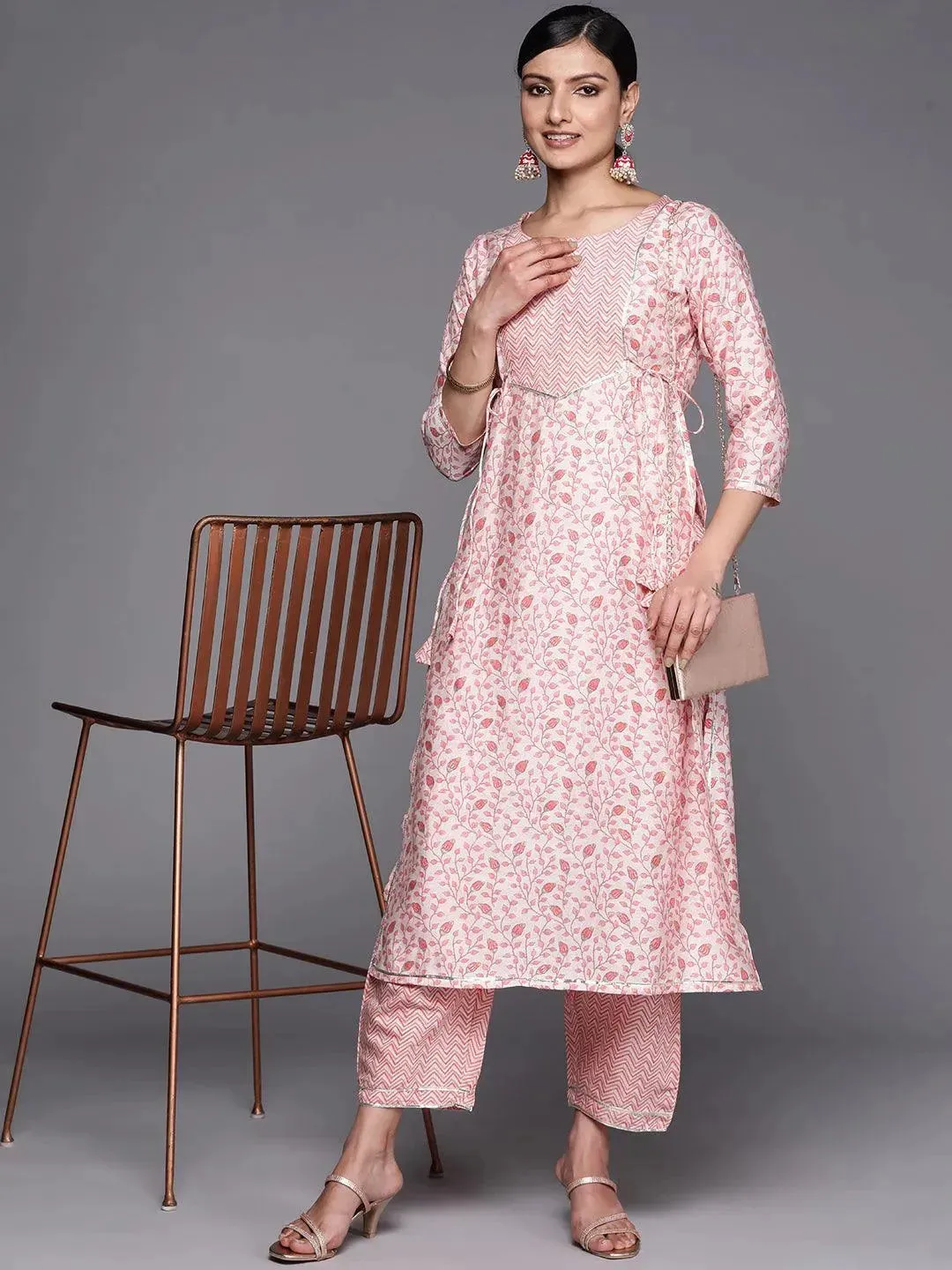 Peach Printed Silk Blend Straight Kurta With Trousers
