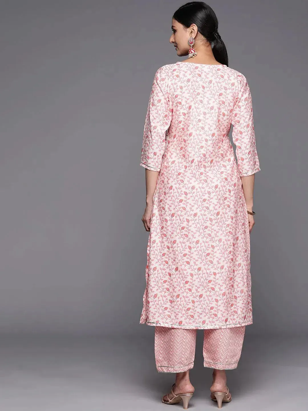 Peach Printed Silk Blend Straight Kurta With Trousers