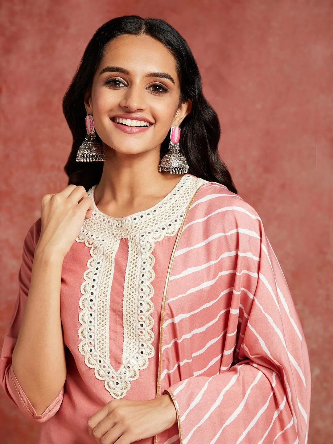 Peach Yoke Design Silk Blend Straight Kurta With Trousers & Dupatta
