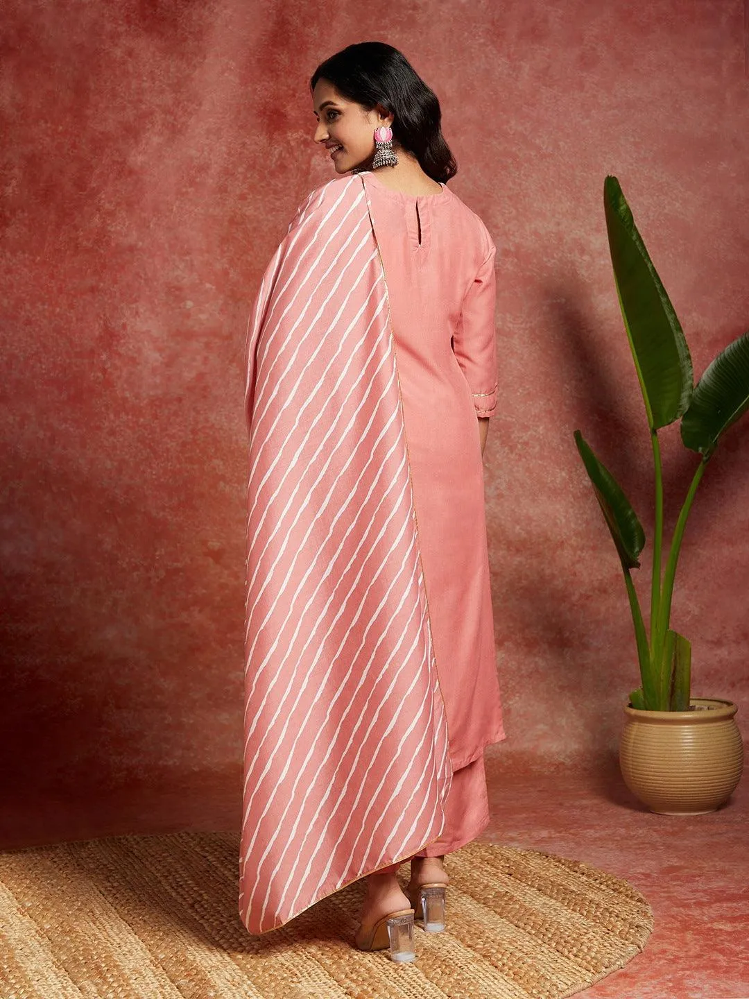 Peach Yoke Design Silk Blend Straight Kurta With Trousers & Dupatta