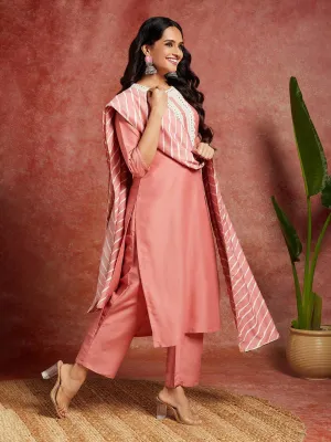 Peach Yoke Design Silk Blend Straight Kurta With Trousers & Dupatta