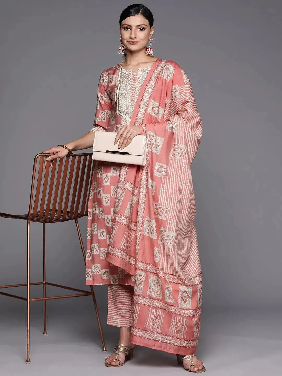 Peach Yoke Design Silk Blend Straight Kurta With Trousers & Dupatta