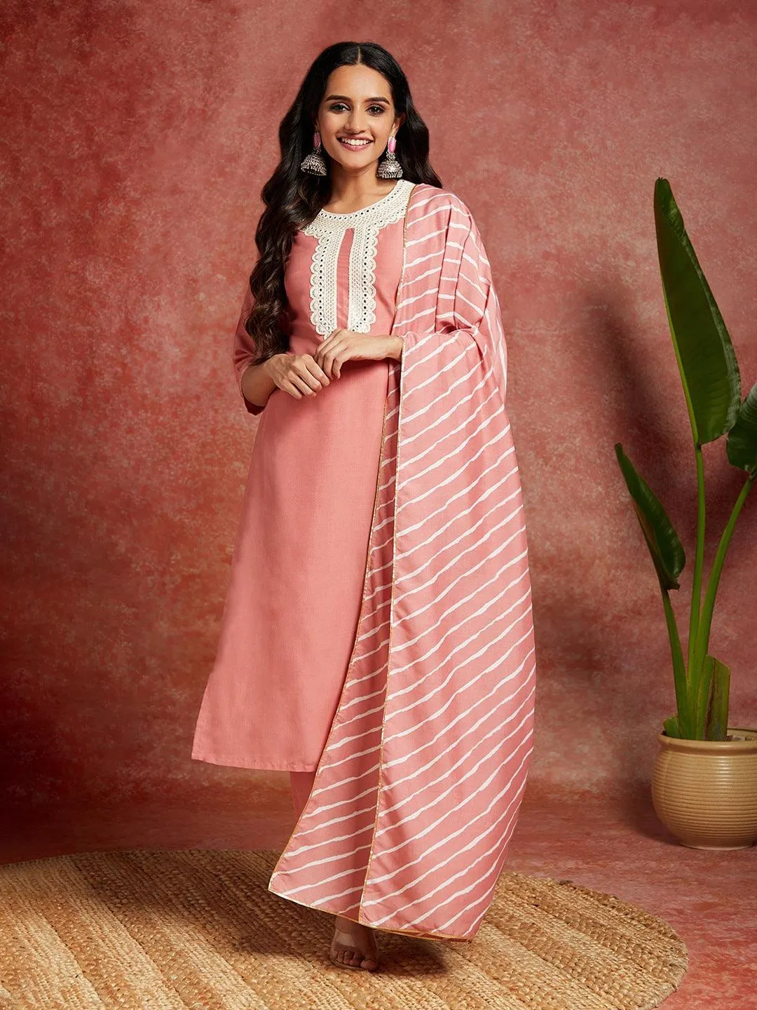 Peach Yoke Design Silk Blend Straight Kurta With Trousers & Dupatta
