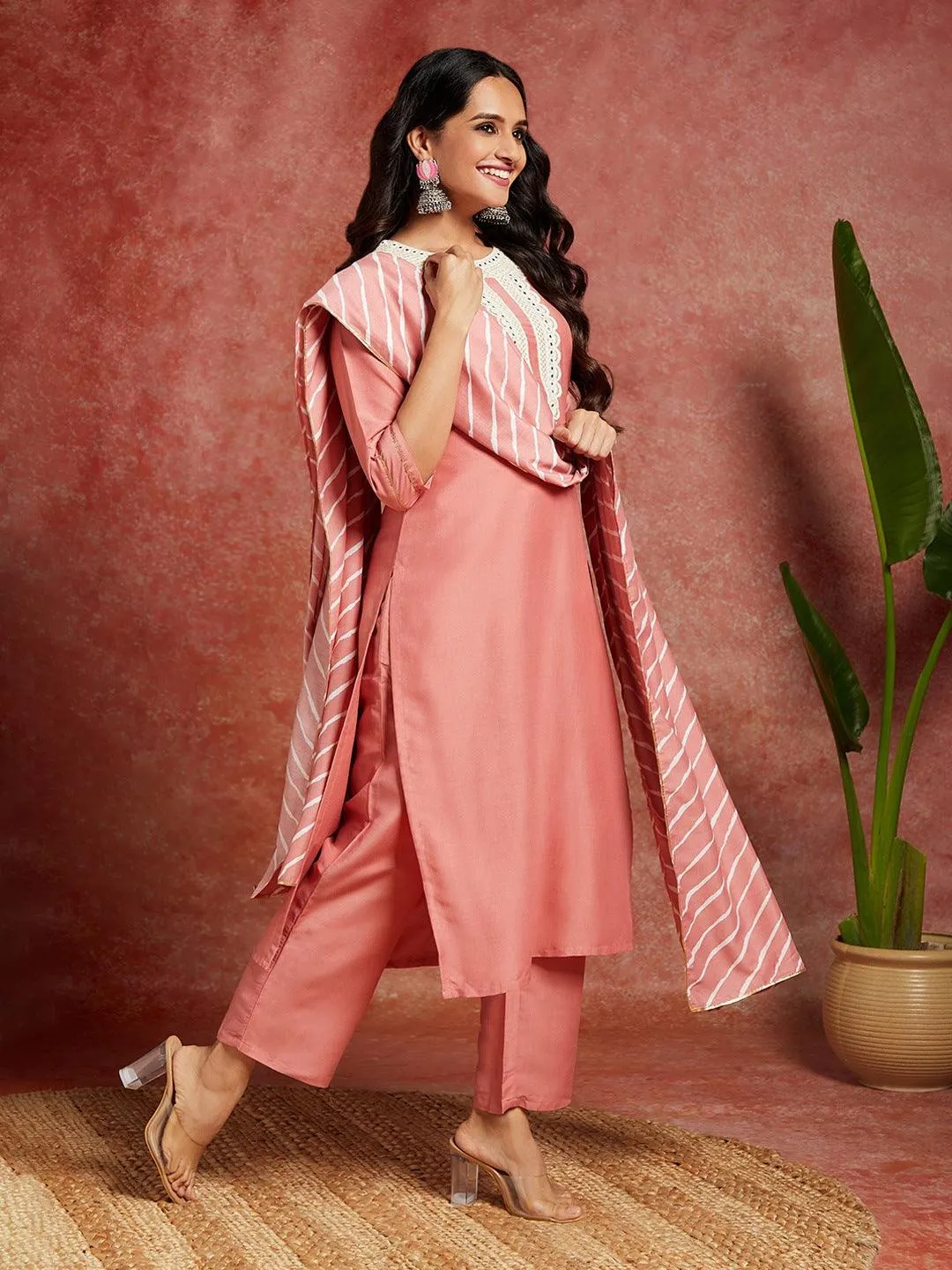 Peach Yoke Design Silk Blend Straight Kurta With Trousers & Dupatta