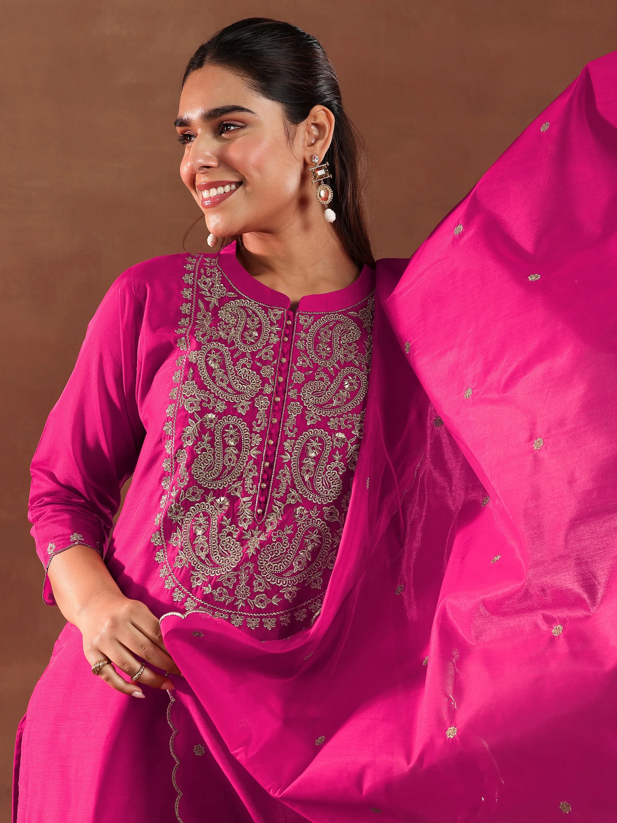 Pink Yoke Design Chanderi Silk Straight Suit With Dupatta