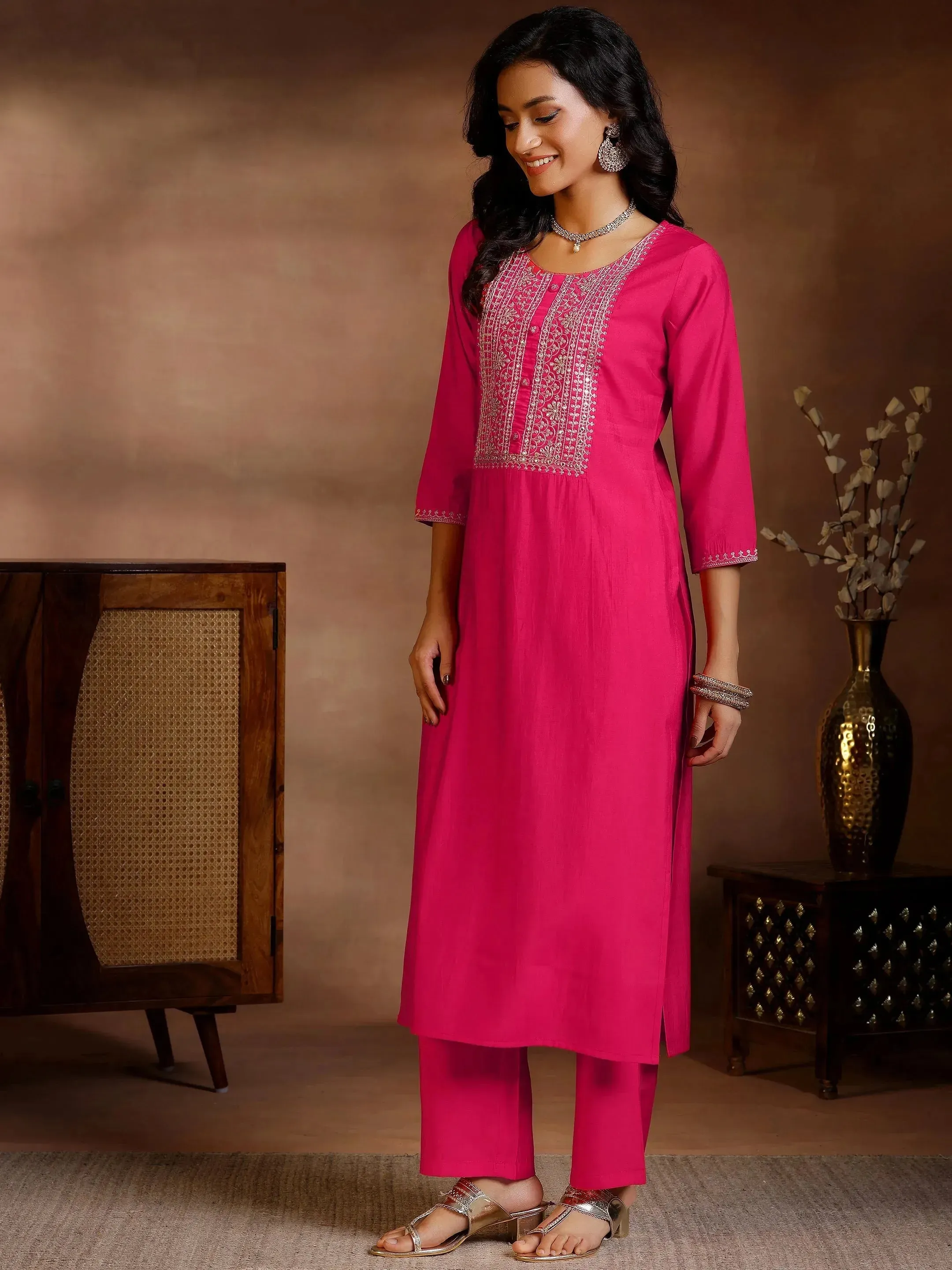 Pink Yoke Design Silk Blend Straight Suits With Dupatta