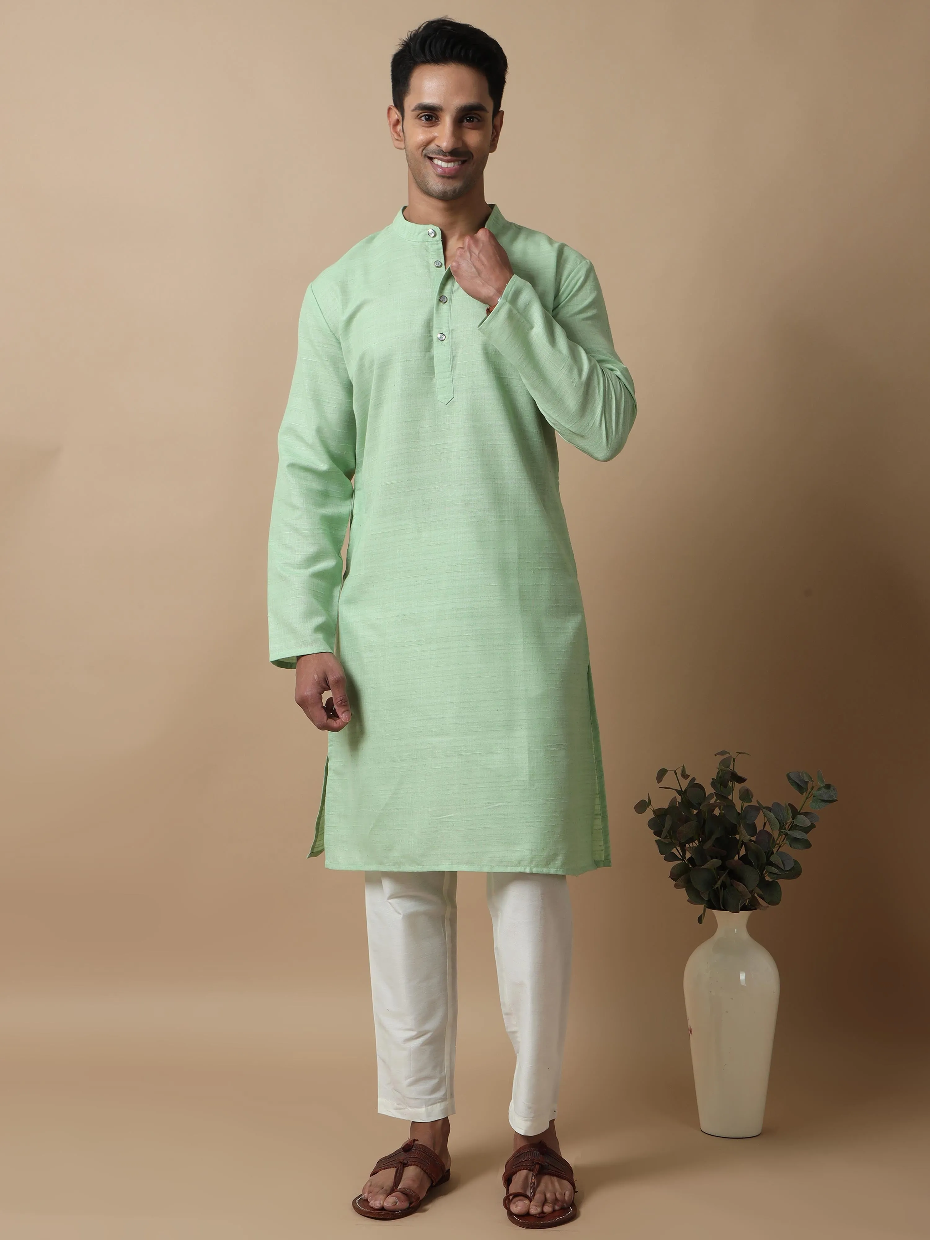 Pista Green Textured Long Kurta
