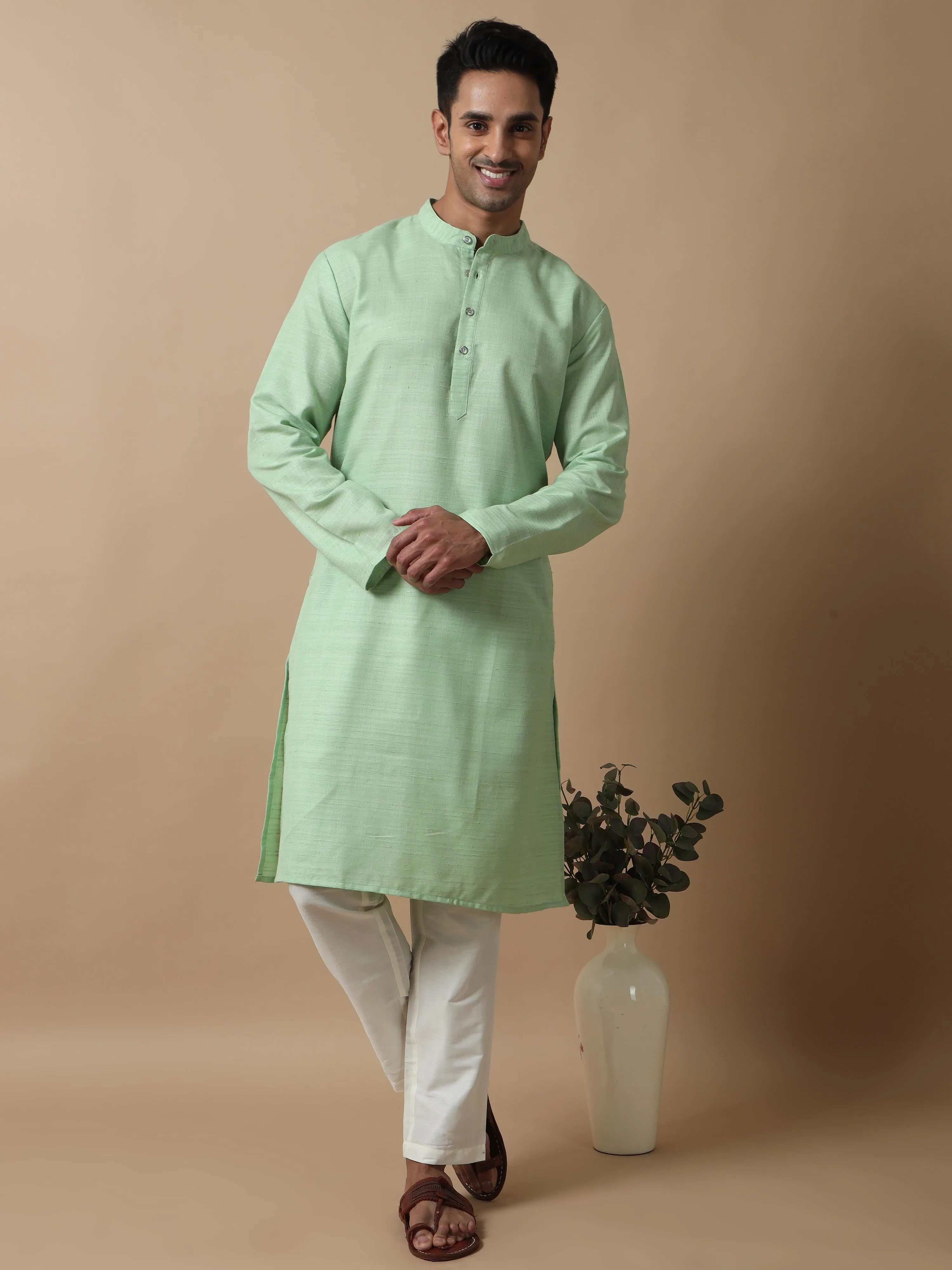 Pista Green Textured Long Kurta