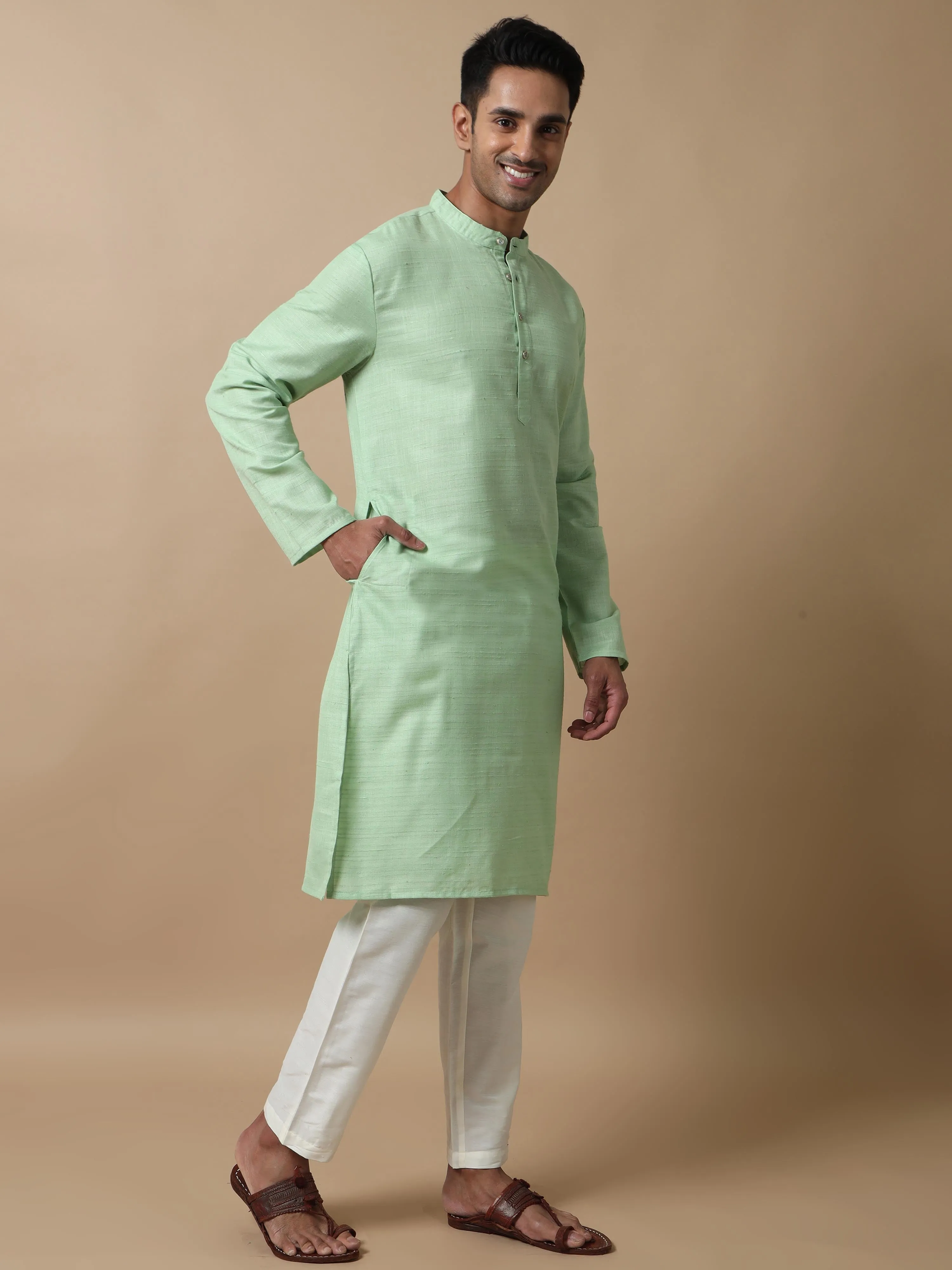 Pista Green Textured Long Kurta