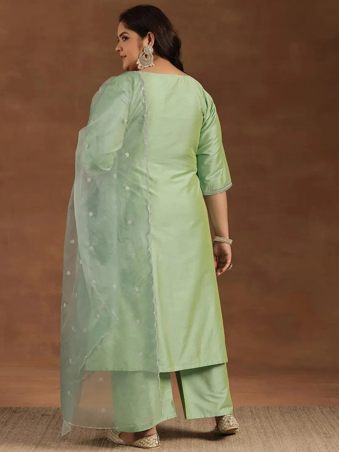 Plus Size Green Embroidered Silk Blend Straight Suit With Dupatta
