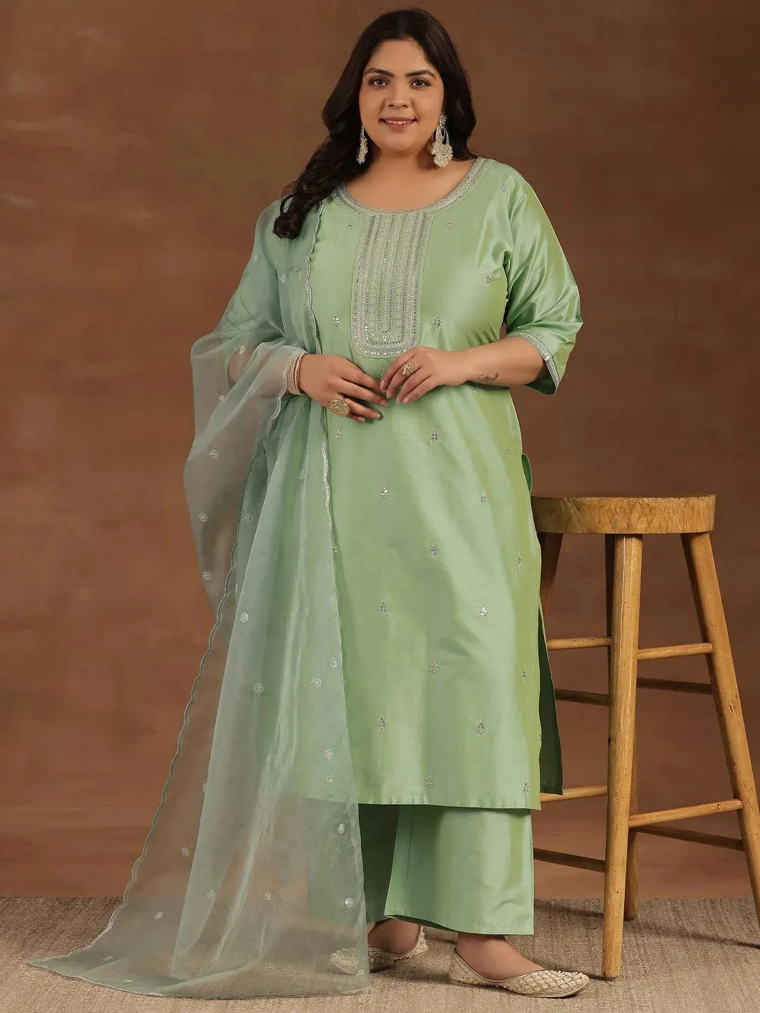 Plus Size Green Embroidered Silk Blend Straight Suit With Dupatta