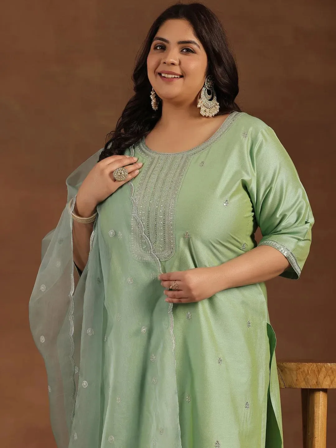 Plus Size Green Embroidered Silk Blend Straight Suit With Dupatta