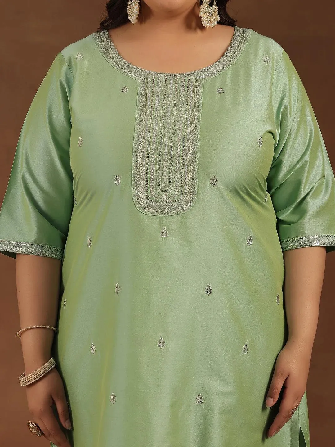 Plus Size Green Embroidered Silk Blend Straight Suit With Dupatta