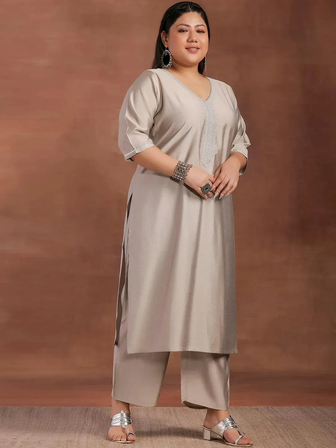 Plus Size Grey Yoke Design Silk Blend Straight Suit With Dupatta