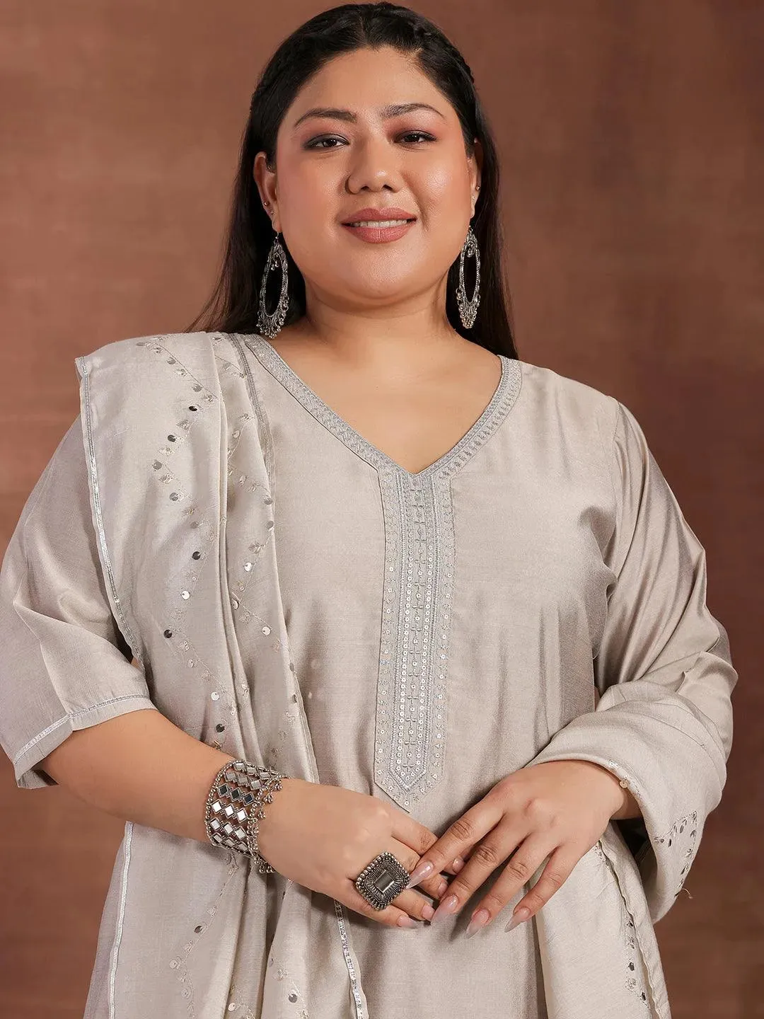 Plus Size Grey Yoke Design Silk Blend Straight Suit With Dupatta
