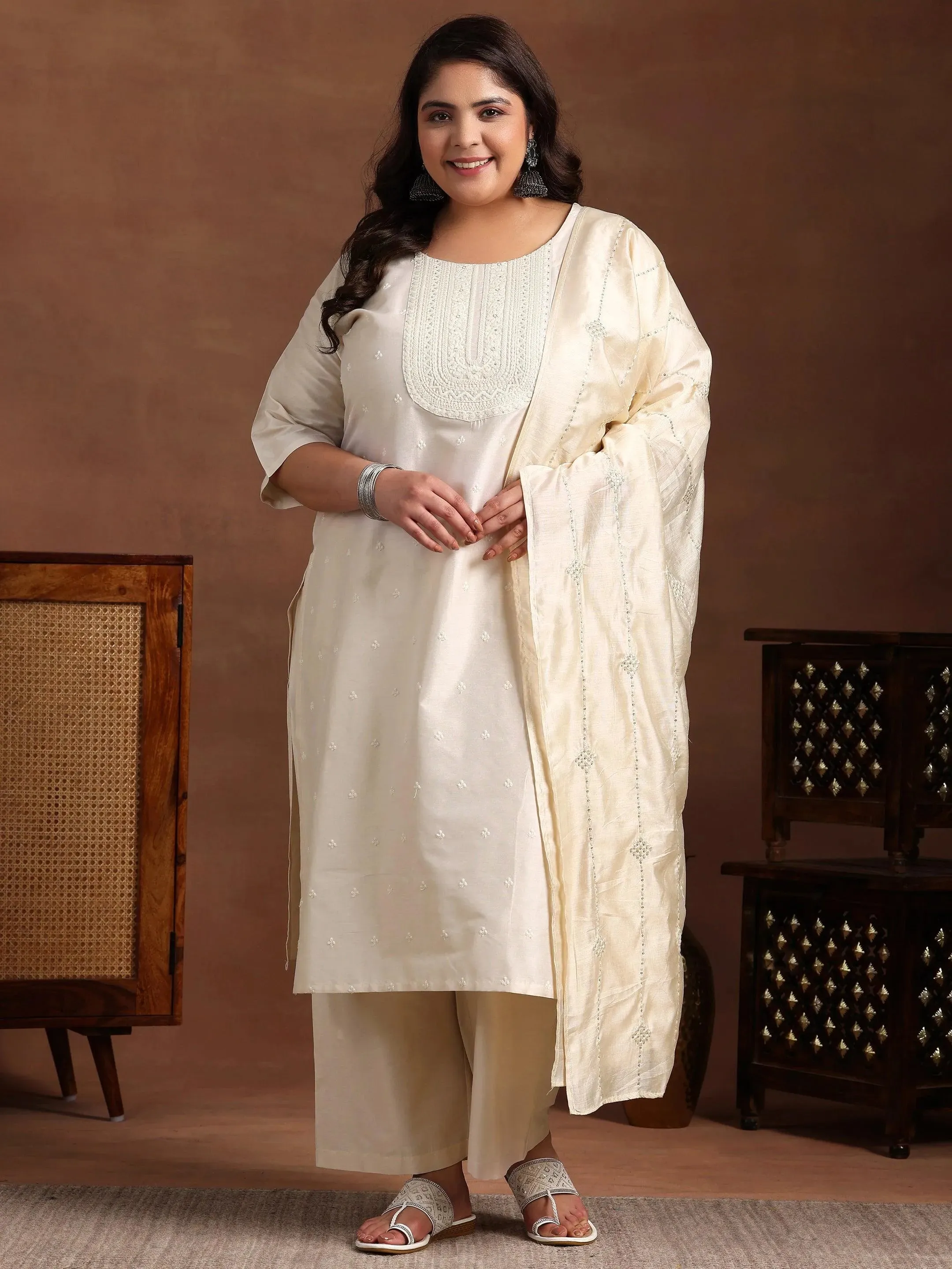 Plus Size Off White Embroidered Silk Blend Straight Suit With Dupatta
