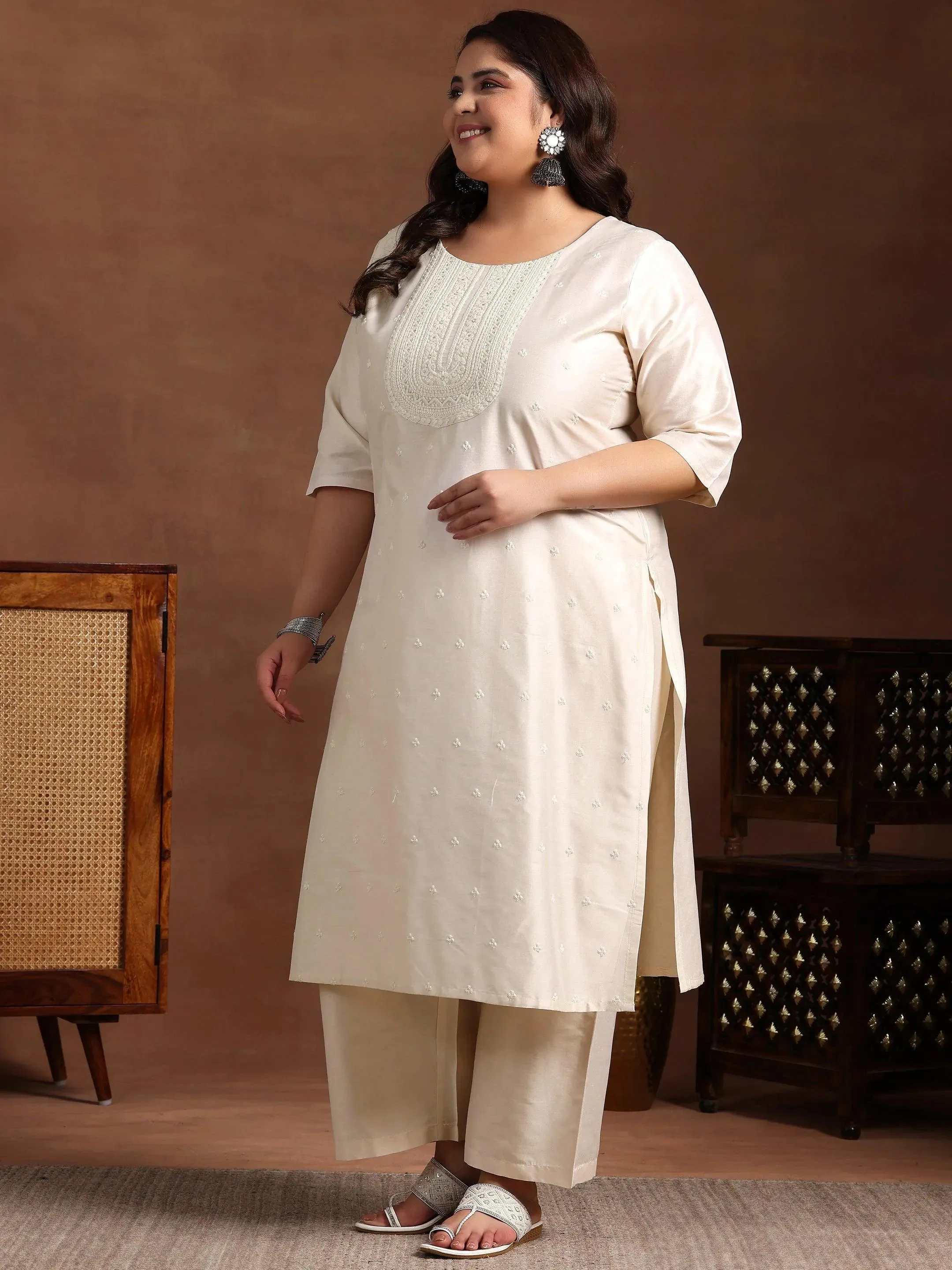 Plus Size Off White Embroidered Silk Blend Straight Suit With Dupatta