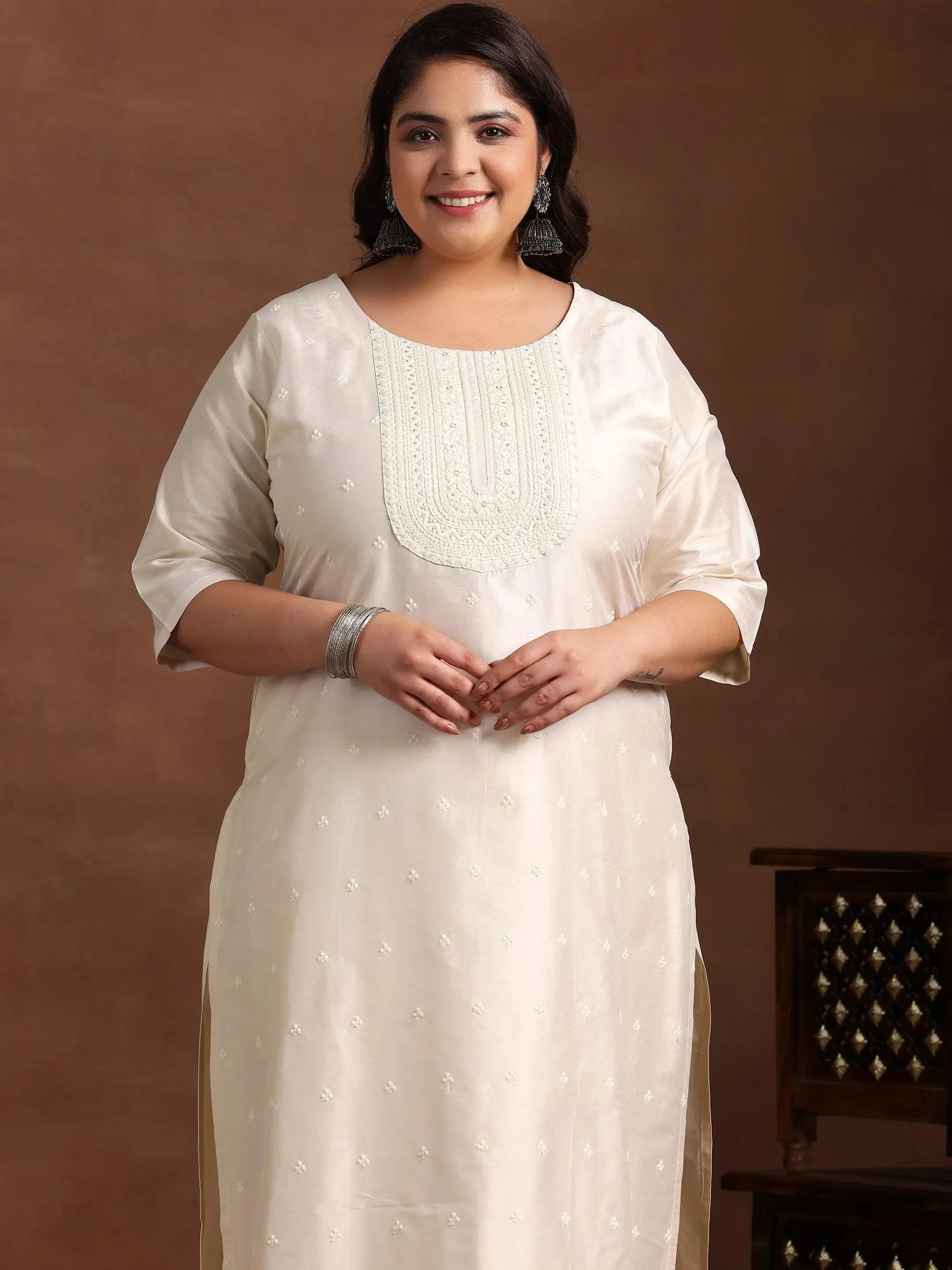 Plus Size Off White Embroidered Silk Blend Straight Suit With Dupatta