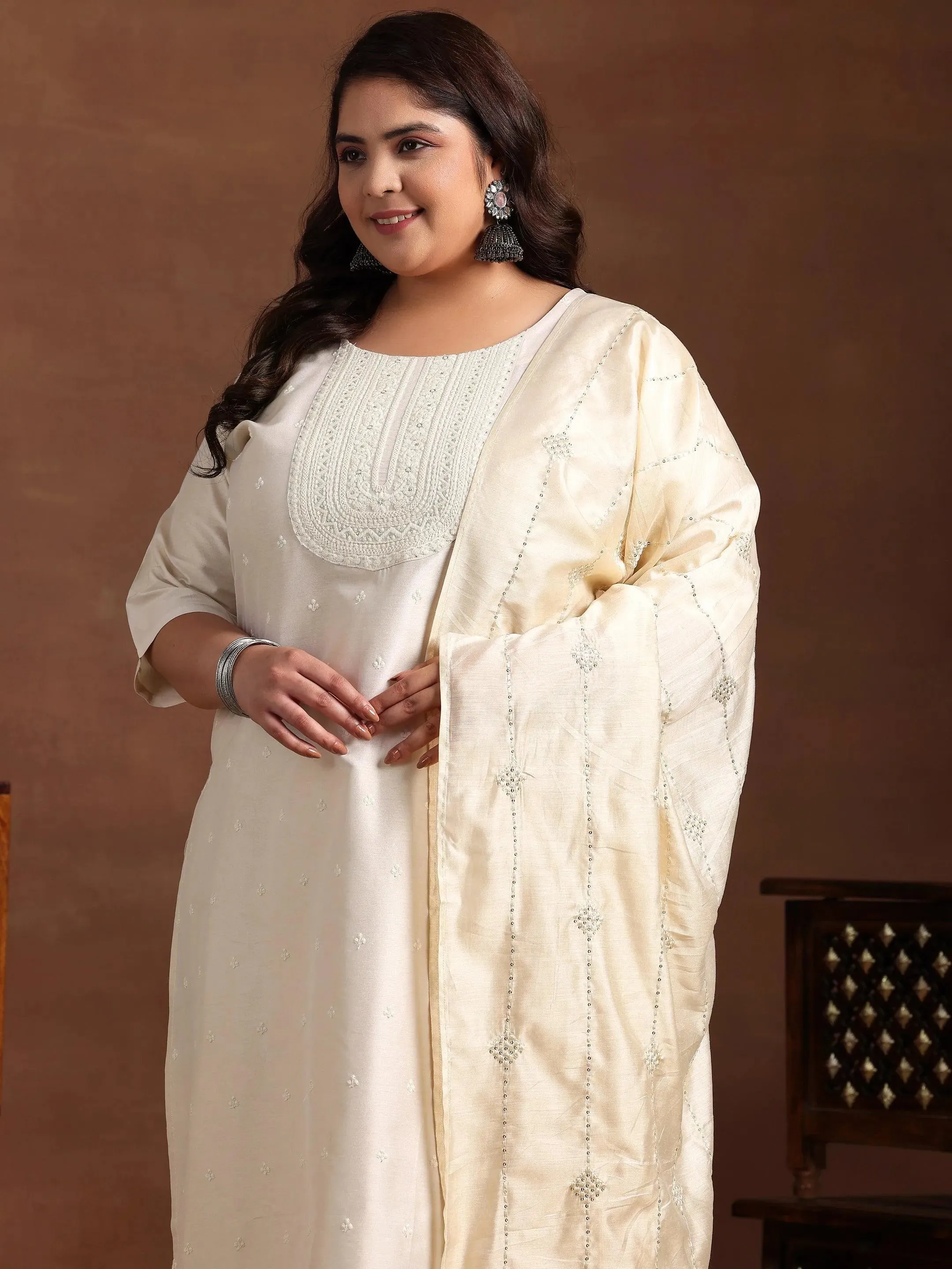 Plus Size Off White Embroidered Silk Blend Straight Suit With Dupatta