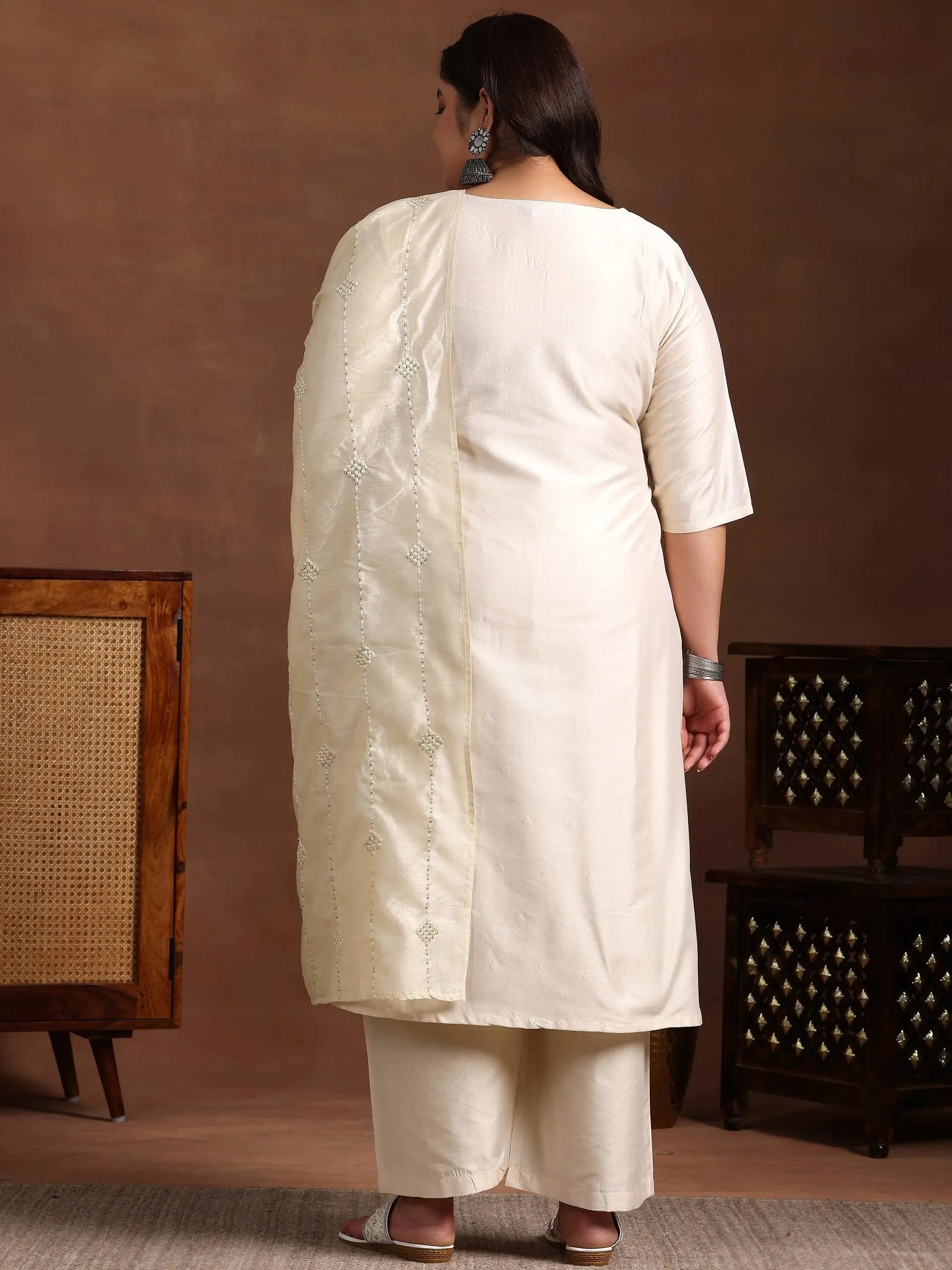 Plus Size Off White Embroidered Silk Blend Straight Suit With Dupatta