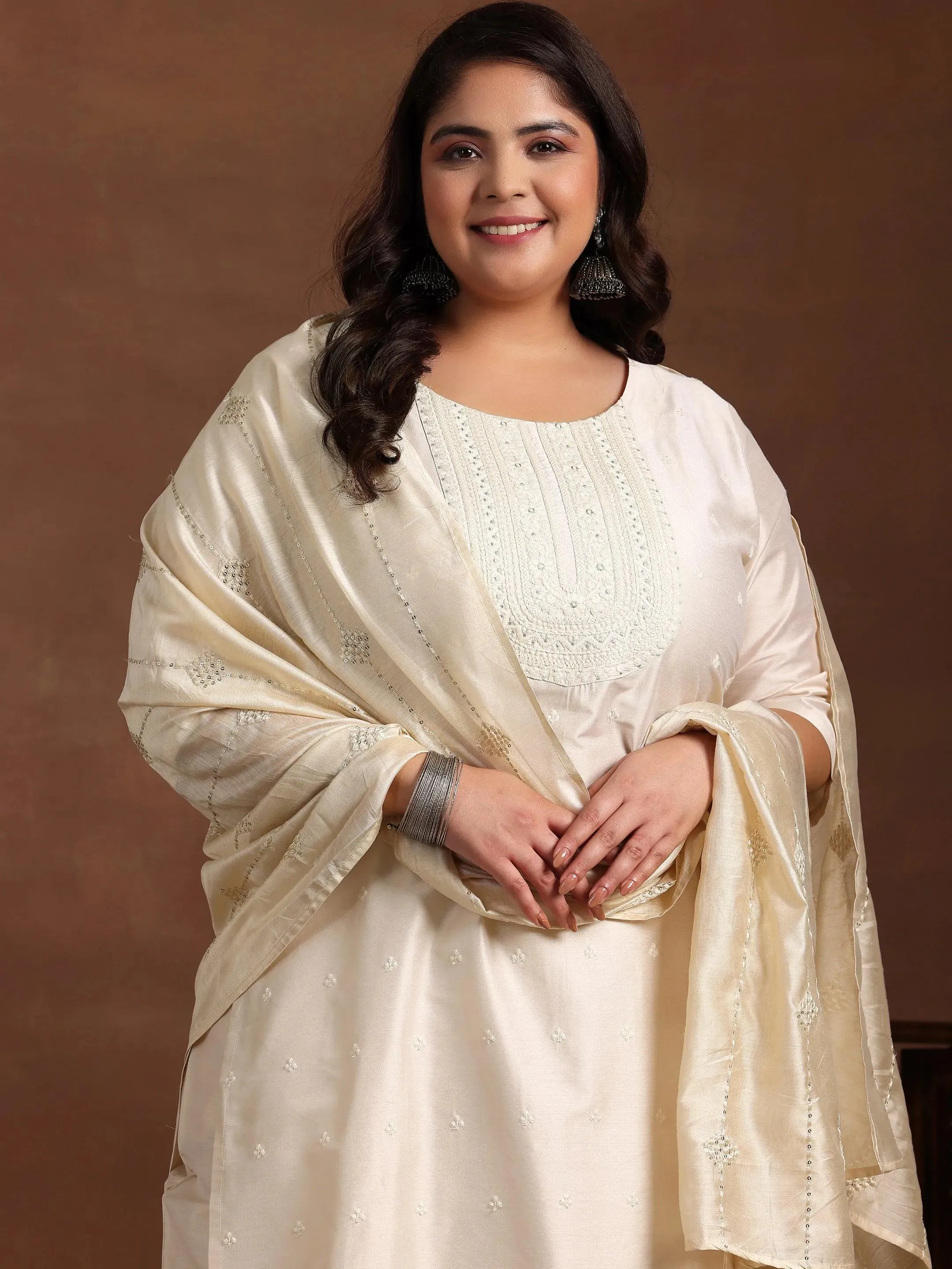 Plus Size Off White Embroidered Silk Blend Straight Suit With Dupatta