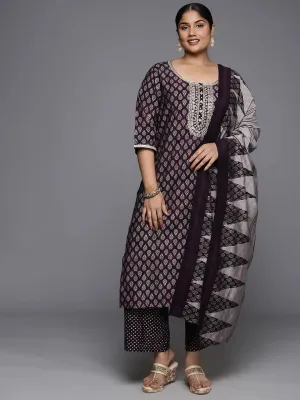 Plus Size Purple Yoke Design Silk Blend Straight Suit With Dupatta