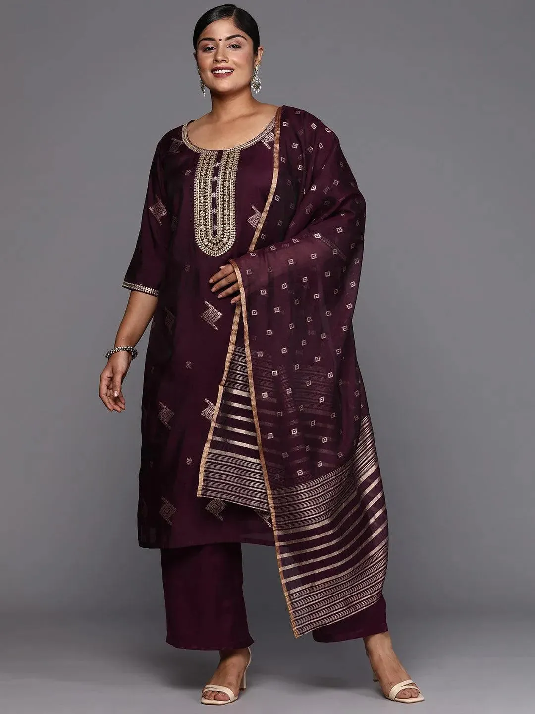 Plus Size Wine Woven Design Chanderi Silk Straight Suit With Dupatta