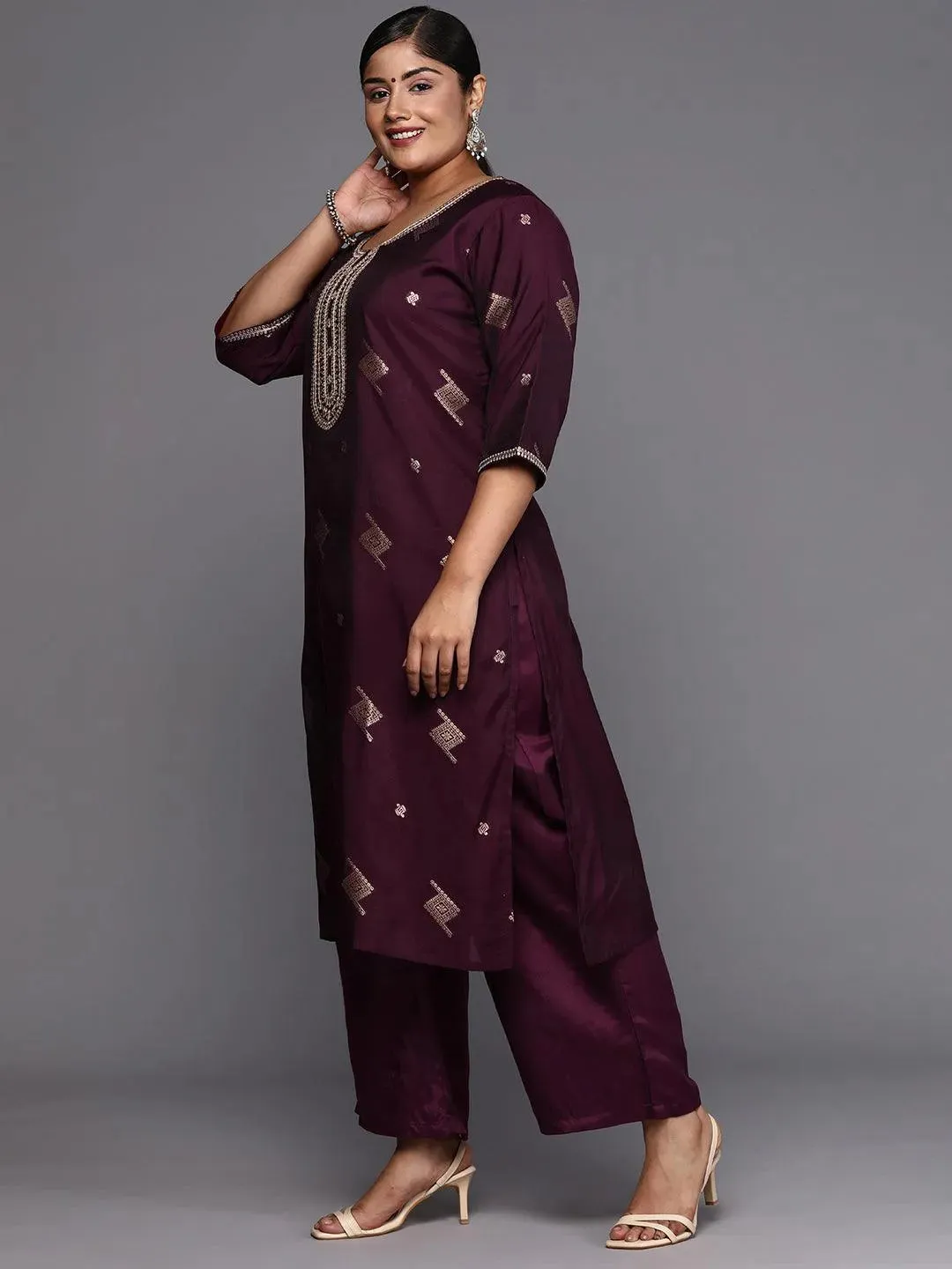 Plus Size Wine Woven Design Chanderi Silk Straight Suit With Dupatta