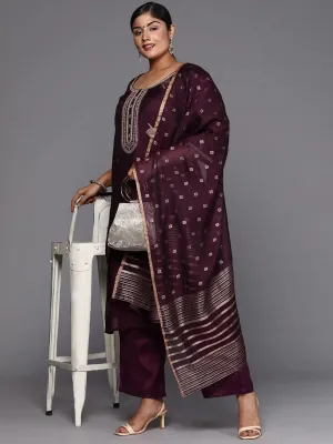 Plus Size Wine Woven Design Chanderi Silk Straight Suit With Dupatta